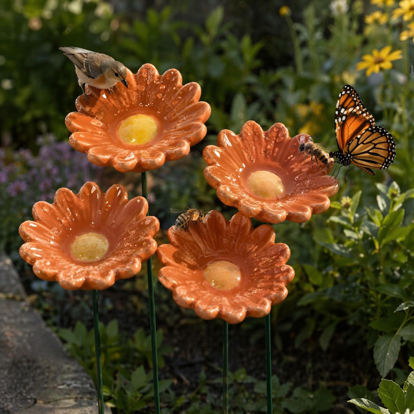 Handmade Ceramic Mini Pollinator Watering Station | Colorful Flower Bee Water Feeder & Butterfly Bird Bath, Small Outdoor Garden Stakes Yard Art Decor for Patio Lawn Balcony