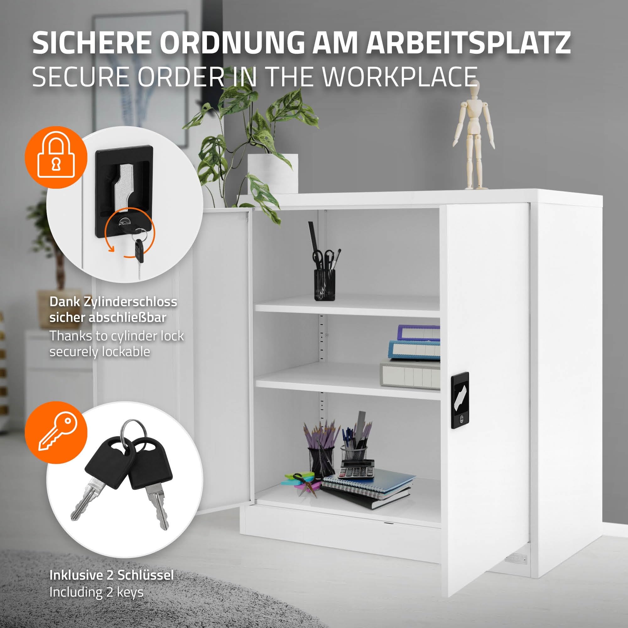 ML-Design Armadio per Archiviazione con Serratura Bianco 90x40x90 cm Acciaio Schedario 2 Ripiani Regolabili in Altezza Armadio per Ufficio a 2 Ante Mobiletto Portadocumenti Armadietto