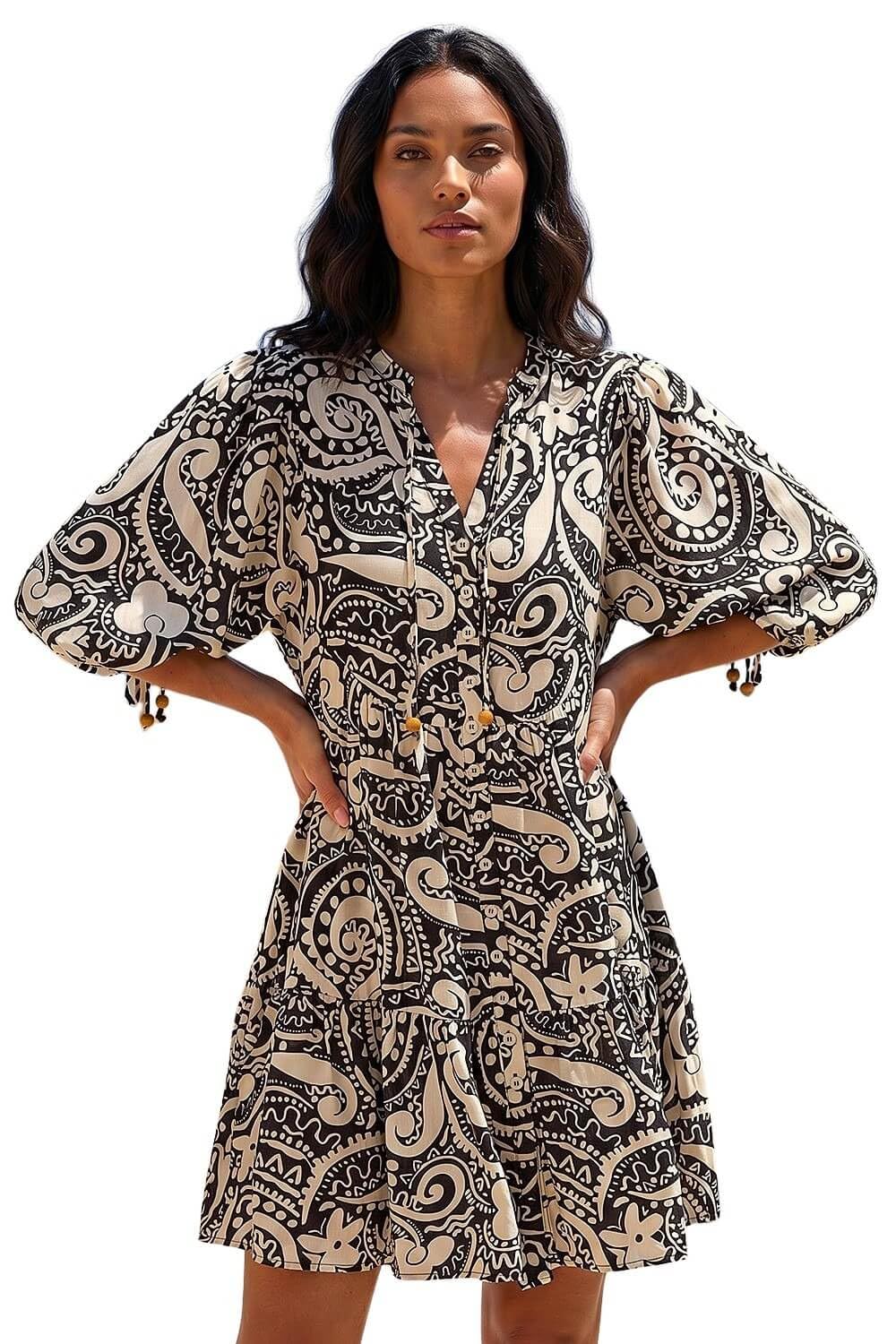 Roman Originals Smock Dress for Women UK Ladies Cotton Summer Embroidered Frilled Tiered Casual Beach Cruise Holiday Cocktail Party 3/4 Sleeve Pull On Gathered Skirt