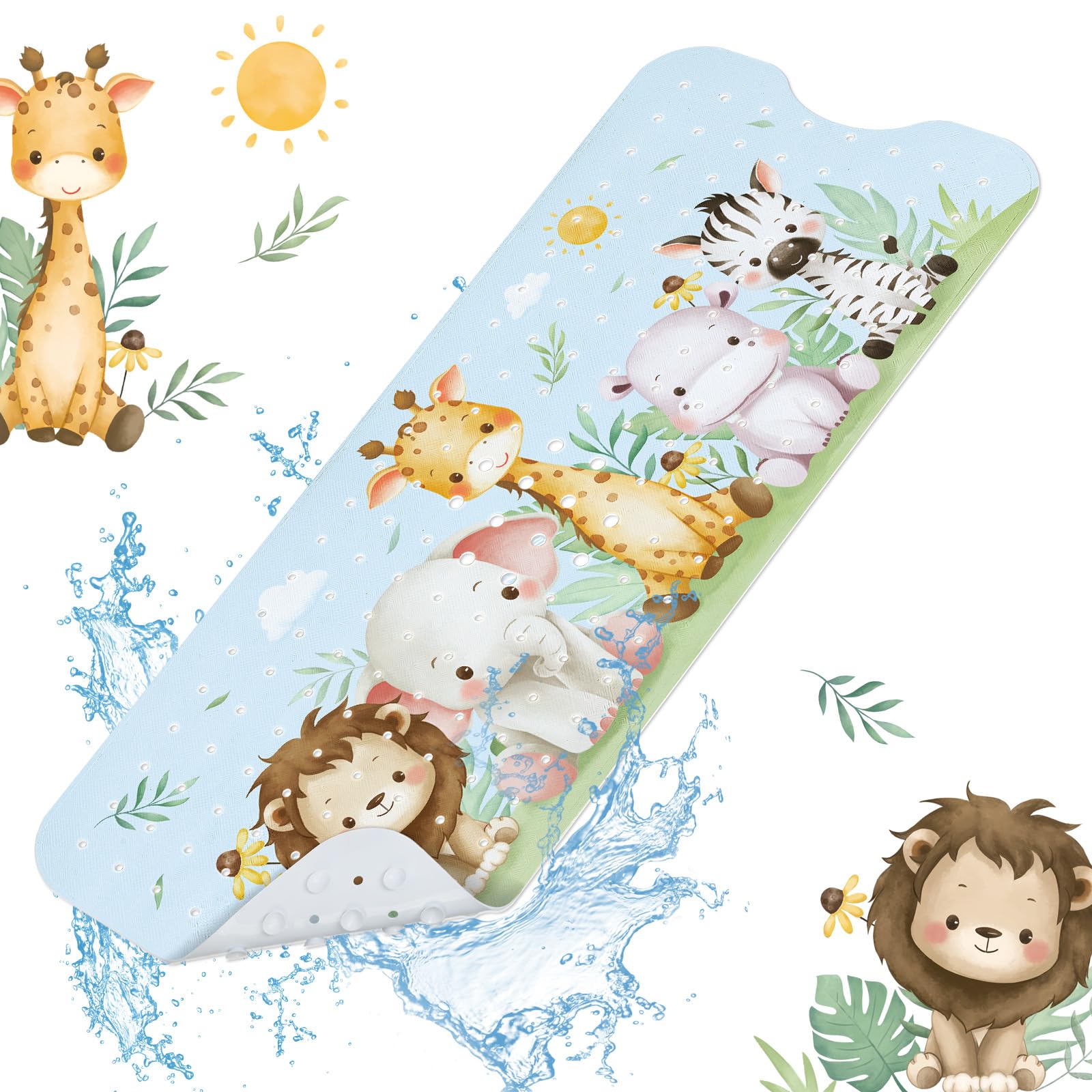 SHUCHING Soft Bath Mat Non Slip Baby, Kids & Toddlers, Cute Bathroom Shower Mat Anti Mold Machine Washable, Lovely Animals, 100 X 40 cm Extra Long