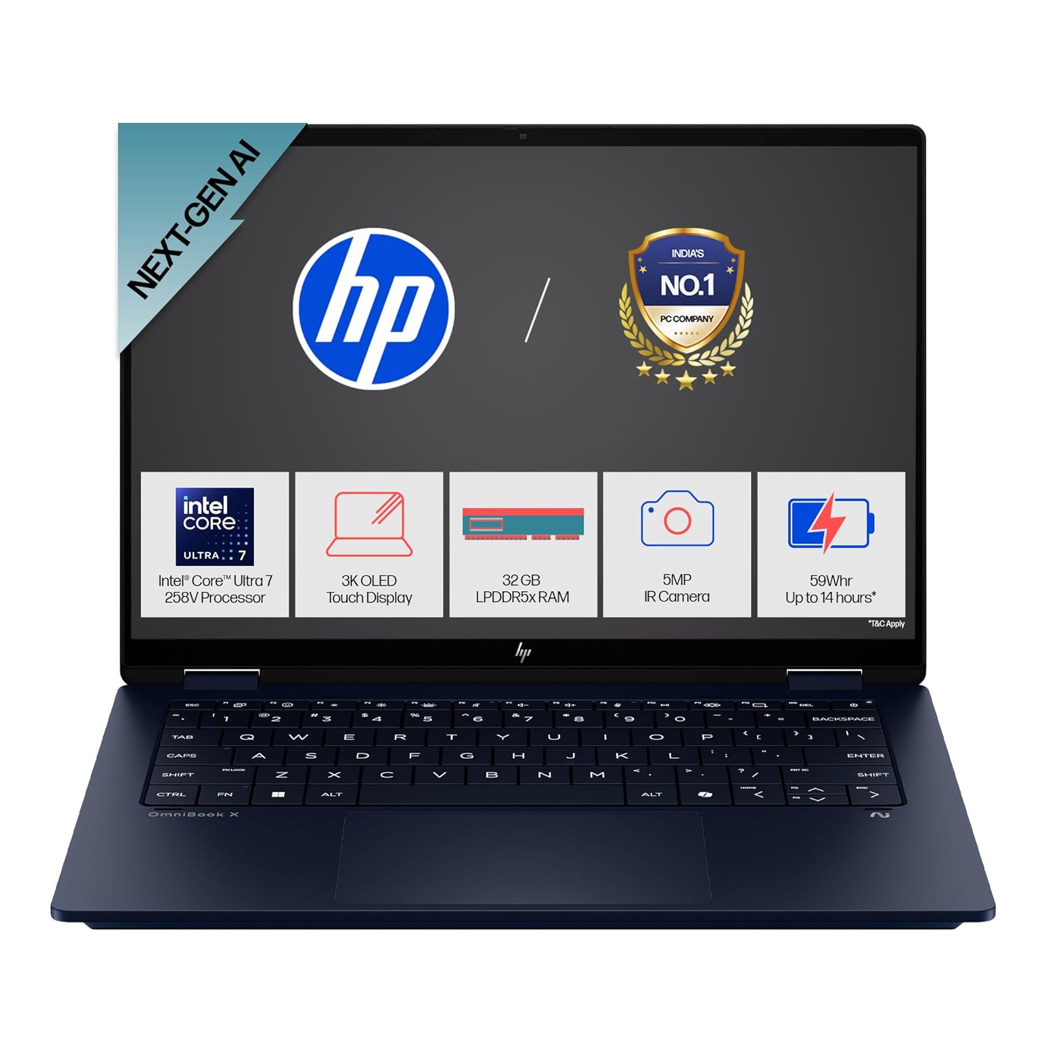 HP OmniBook X Flip (Previously Envy), Intel Core Ultra 7 258V Next Gen AI Laptop, 47 Tops (32GB LPDDR5X, 1TB SSD) 3K,OLED, 0.2ms,14”/35.6cm Touch, Win11, Office24, Blue, 1.38kg, 5MP Camera, fm0029TU