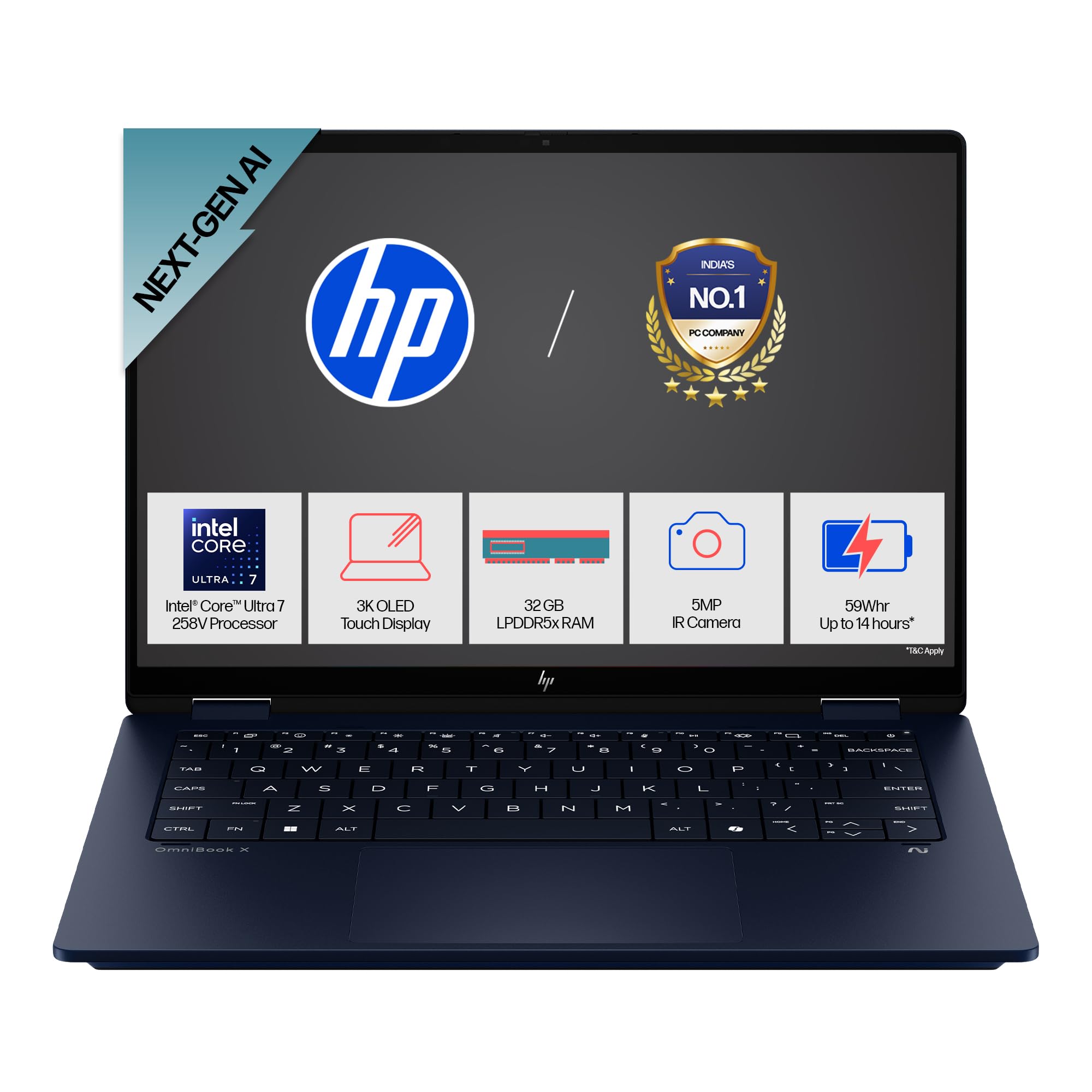 HP OmniBook X Flip (Previously Envy), Intel Core Ultra 7 258V Next Gen AI Laptop, 47 Tops (32GB LPDDR5X, 1TB SSD) 3K,OLED, 0.2ms,14''/35.6cm Touch, Win11, Office24, Blue, 1.38kg, 5MP Camera, fm0029TU-image-20