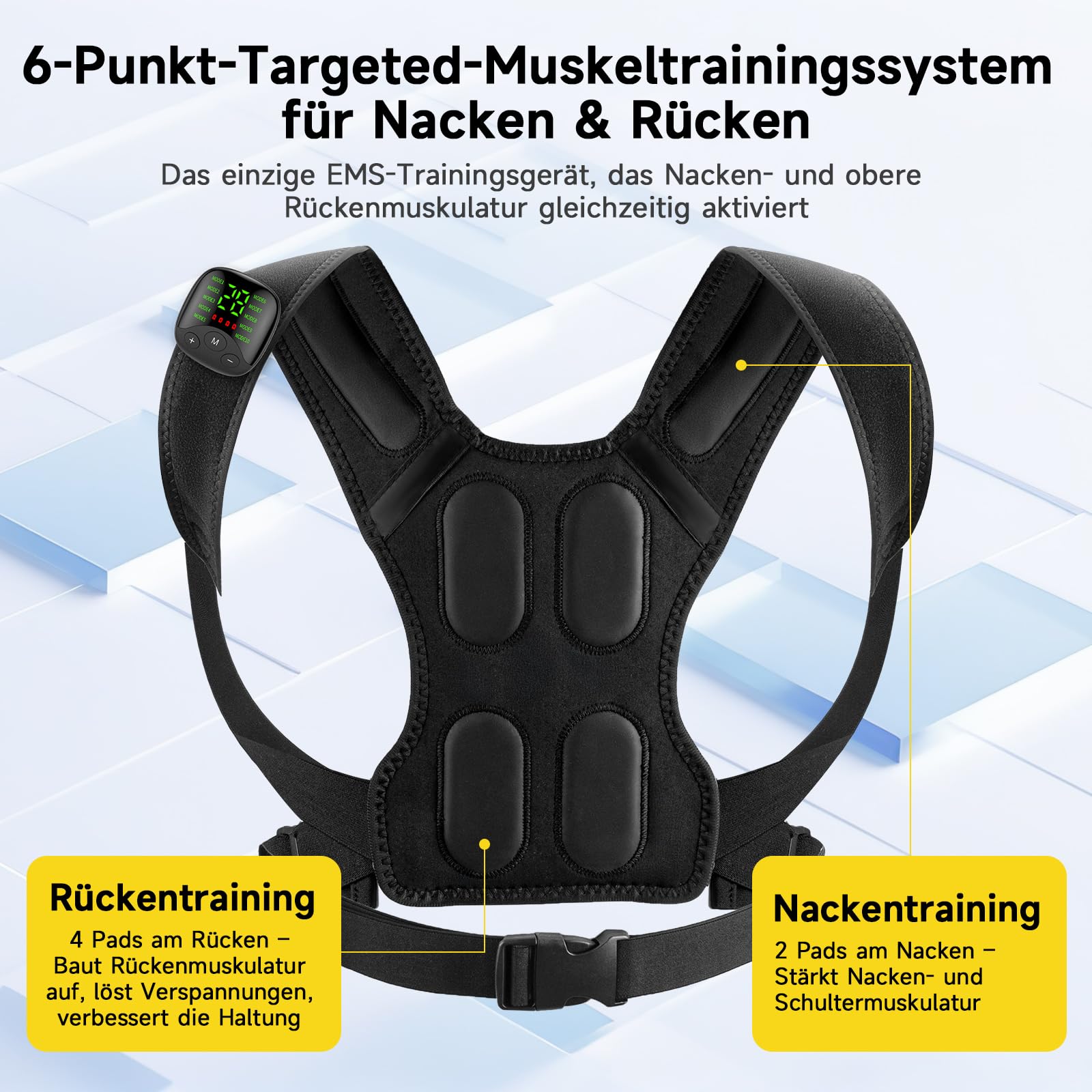 EMS Trainingsgerät für Nacken & Rücken, EMS Gerät für Rücken Muskelaufbau mit Display-Fernbedienung,30 Intensitätsstufen,10 Modi, EMS Trainer zur Nacken Muskelstimulation, Rückentrainer Nackentrainer