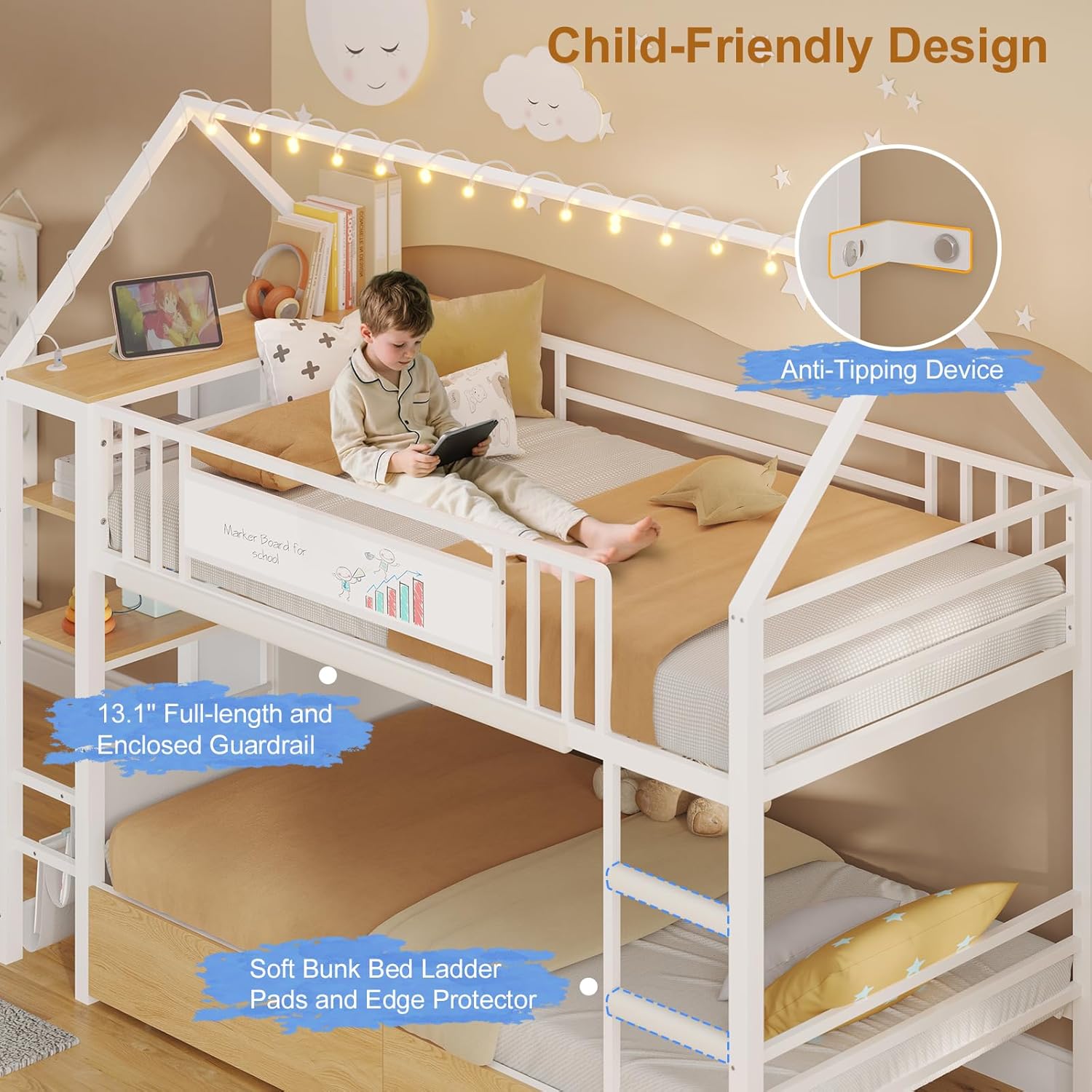 DICTAC Bunk Bed Twin Over Twin with Storage Drawers and Globe String Lights House Shaped Low Bunk Bed with Montessori Bookshelves Metal bunk Beds for Kids with Ladder and Guardrail,Space Saving,White