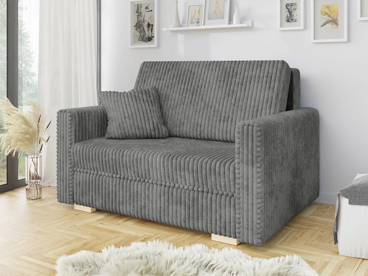 Mirjan24 Sofa Viva Piano II mit Schlaffunktion, 2 Sitzer Polstersofa mit Bettkasten inkl. Kissen, L:133 x B:98 x H:85 cm, Schlafsofa Sofagarnitur, Bettsofa, Wohnlandschaft (Tilia 90)