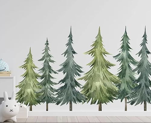 Miniatura 2 de Calcomanía de pared de pino del bosque para dormitorio de niños, calcomanía de pared de árbol de acuarela, calcomanías de pared para guardería,