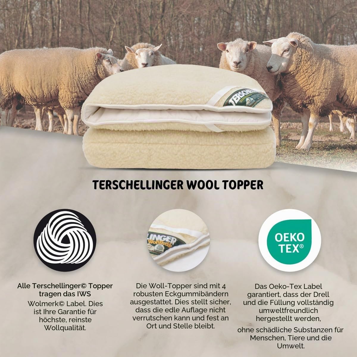 Terschellinger Lammflor Wollunterbett 100% IWS-Schurwollauflage 2-in-1 Matratzenauflage 160 x 200 cm