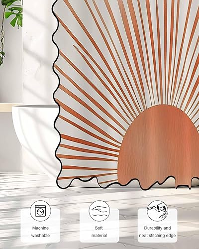 Miniatura 2 de Scalloped Shower Curtain for Bathroom 72"x72" Abstract Art Sun Minimalism Lines Retro Waterproof Wave Bathroom Shower Curtain Sets with Hooks Bath