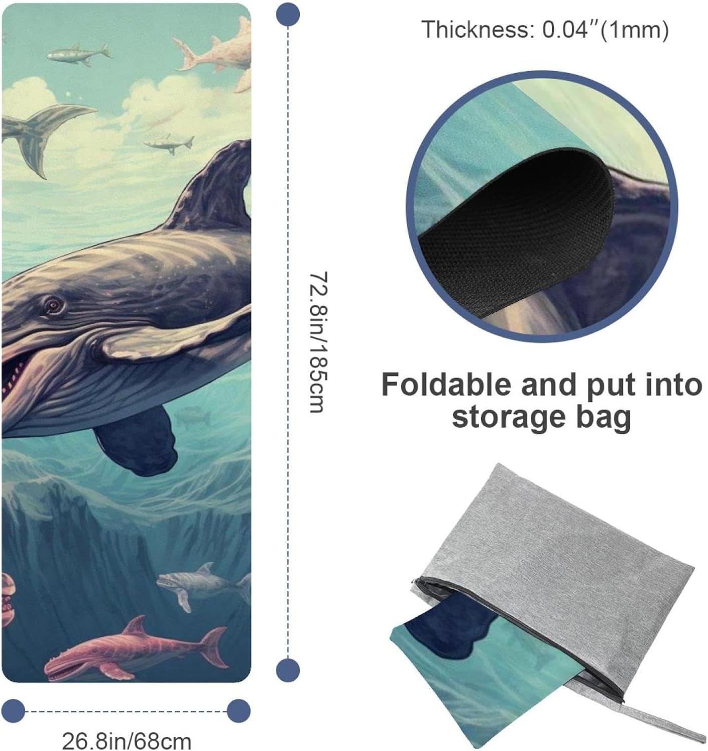 Yoga Towel, Whale Sea Pattern Non Slip Sweat Absorbent Hot Yoga Mat Towel for Hot Yoga, Pilates and Fitness - 72.8" x 26.8"