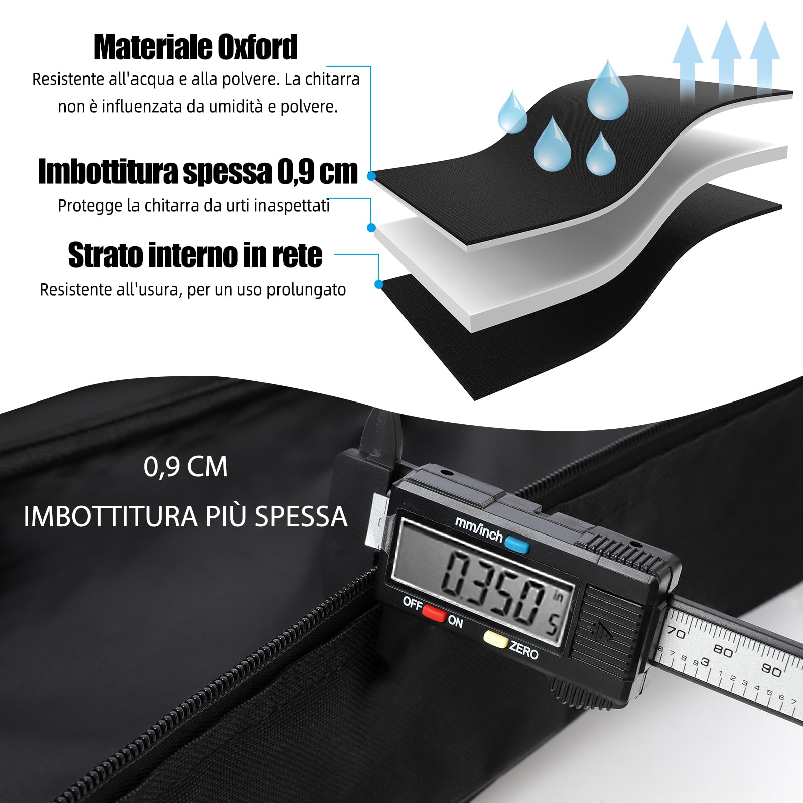 GLEAM Custodia per Chitarra Acustica - Imbottitura da 0,9 cm, per Chitarre da 99-104 cm, Impermeabile, Nera con Anello per Appendino, Borsa per chitarra acustica
