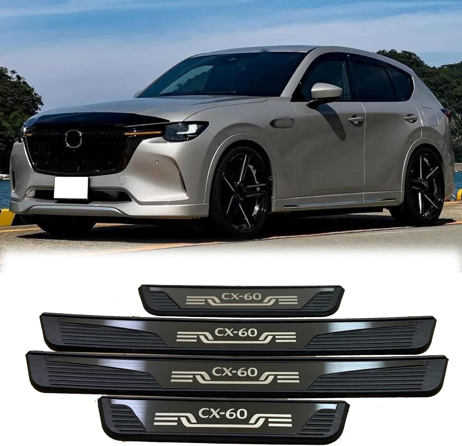 Car Door Sill Protectors, 4PCS Scratch Guard Kit for Mazda CX60 2022 2023 2024 2025 Accessories, Plastic Anti-Scuff Cover Plates Car Door Threshold Protection(Outside) (Silvery)