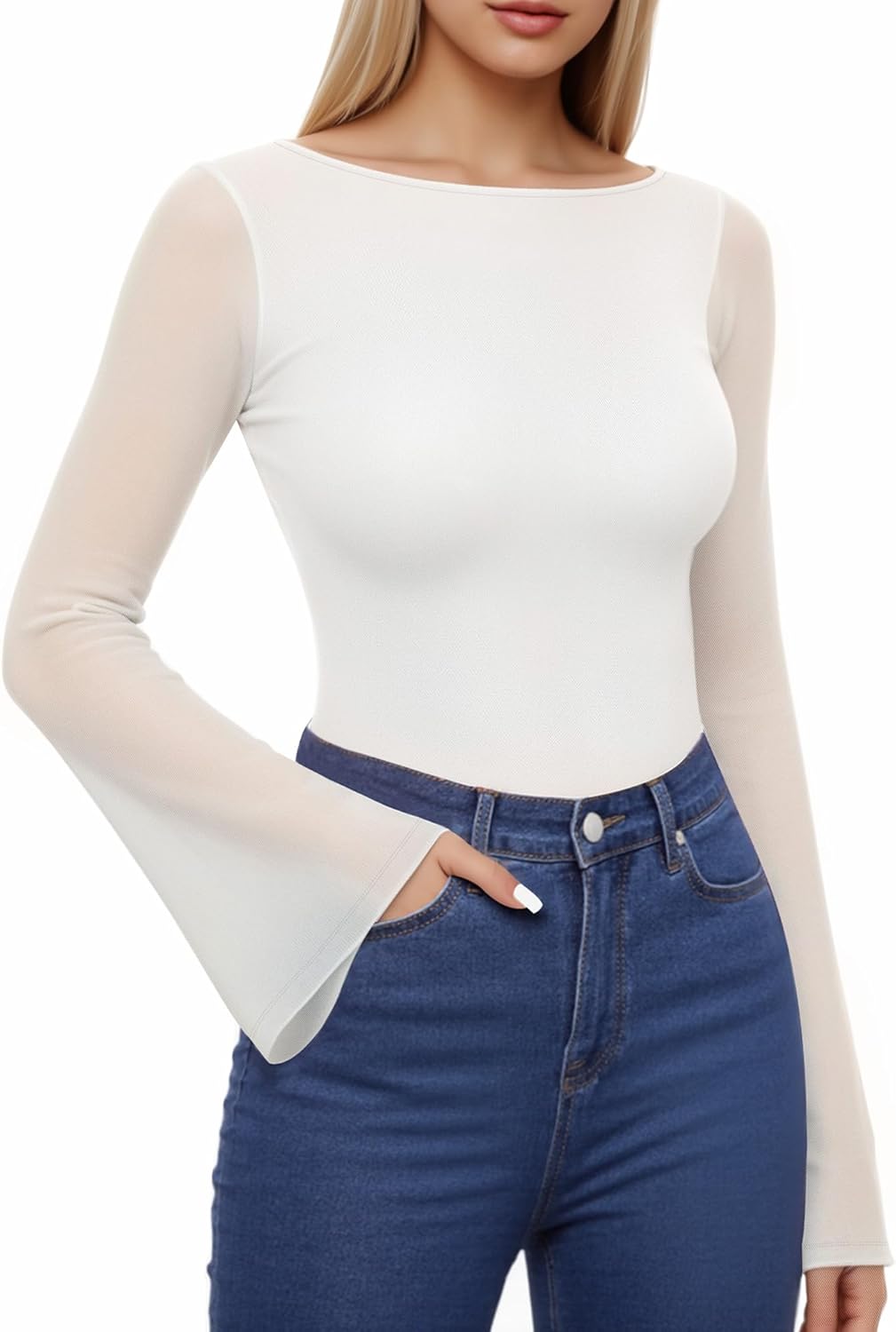 MANGOPOP Women's Boat Neck Bell Sleeve Bodysuit Sexy Sheer Mesh Double Lined Body Suits Going Out Fall Tops 2025 - Image 4