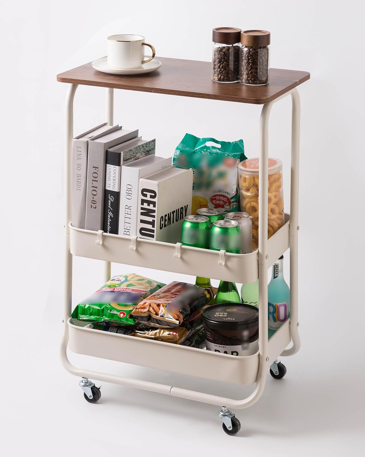 2 Tier Metal Rolling Utility Carts with Wheels and Table Top, Room Organization for Office, Living Room, Kitchen,Bathroom,Laundry, Garage, Lockable Wheels Organizer (White)