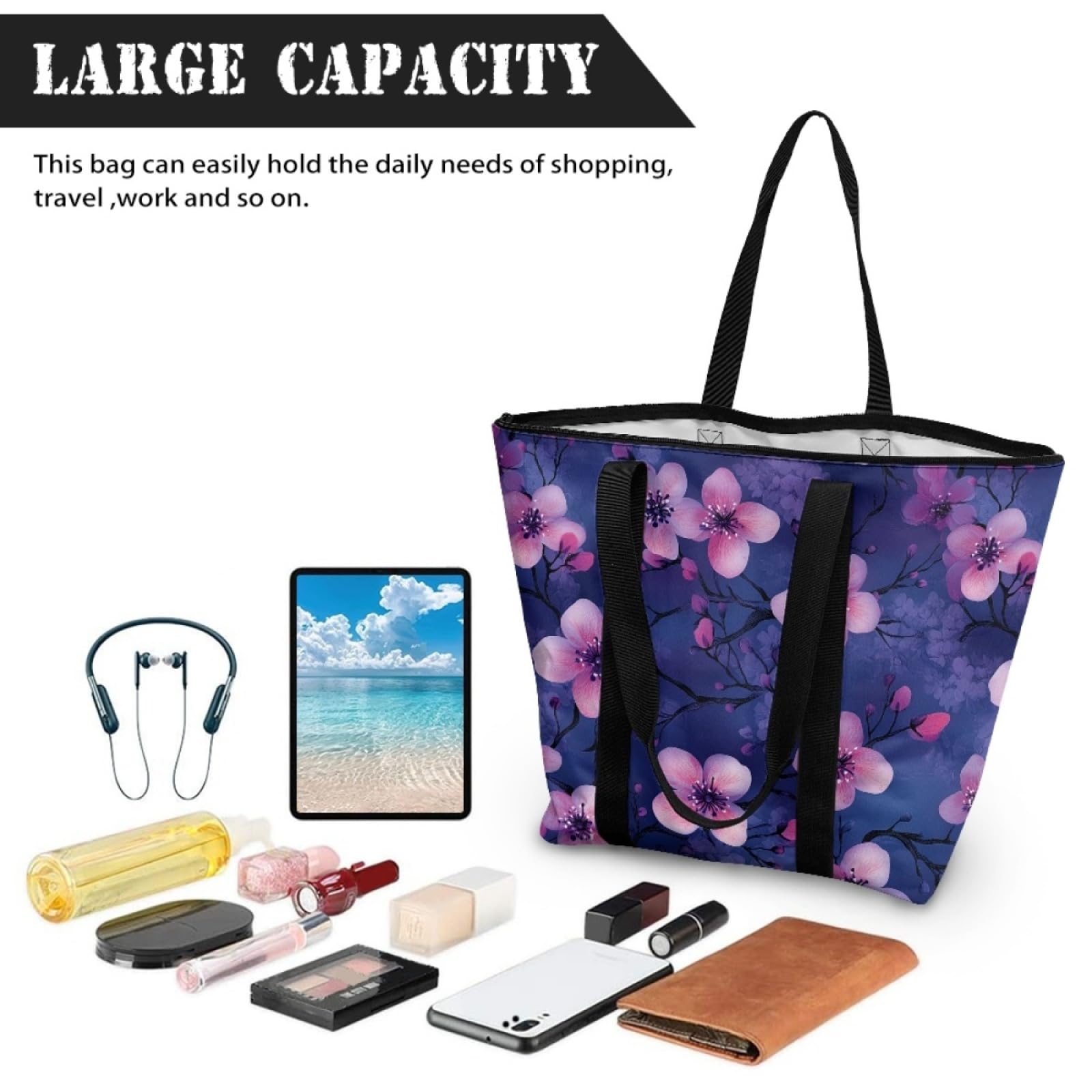 Tote Bag Tela Bolsa Tela Poliéster Bolsa Compra Plegable Bolso de Mano de Mujer Reutilizable Totebag Playa Cremallera Duradero Bolso Viaje