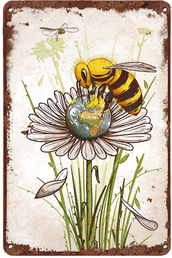 LINQWkk Creative Tin Sign Save The Planet Bee Funny Novelty Metal Sign Retro Wall Decor for Home Gate Garden Bars Restaurants Cafes Office Store Pubs