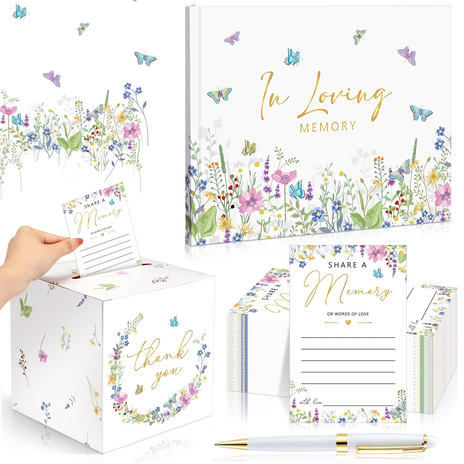 Engrowtic 54 Pcs Funeral Guest Book for Memorial Service Celebration of Life Guest Book in Loving Memory with 50 Memory Cards, Box, 2 Pens for Funeral