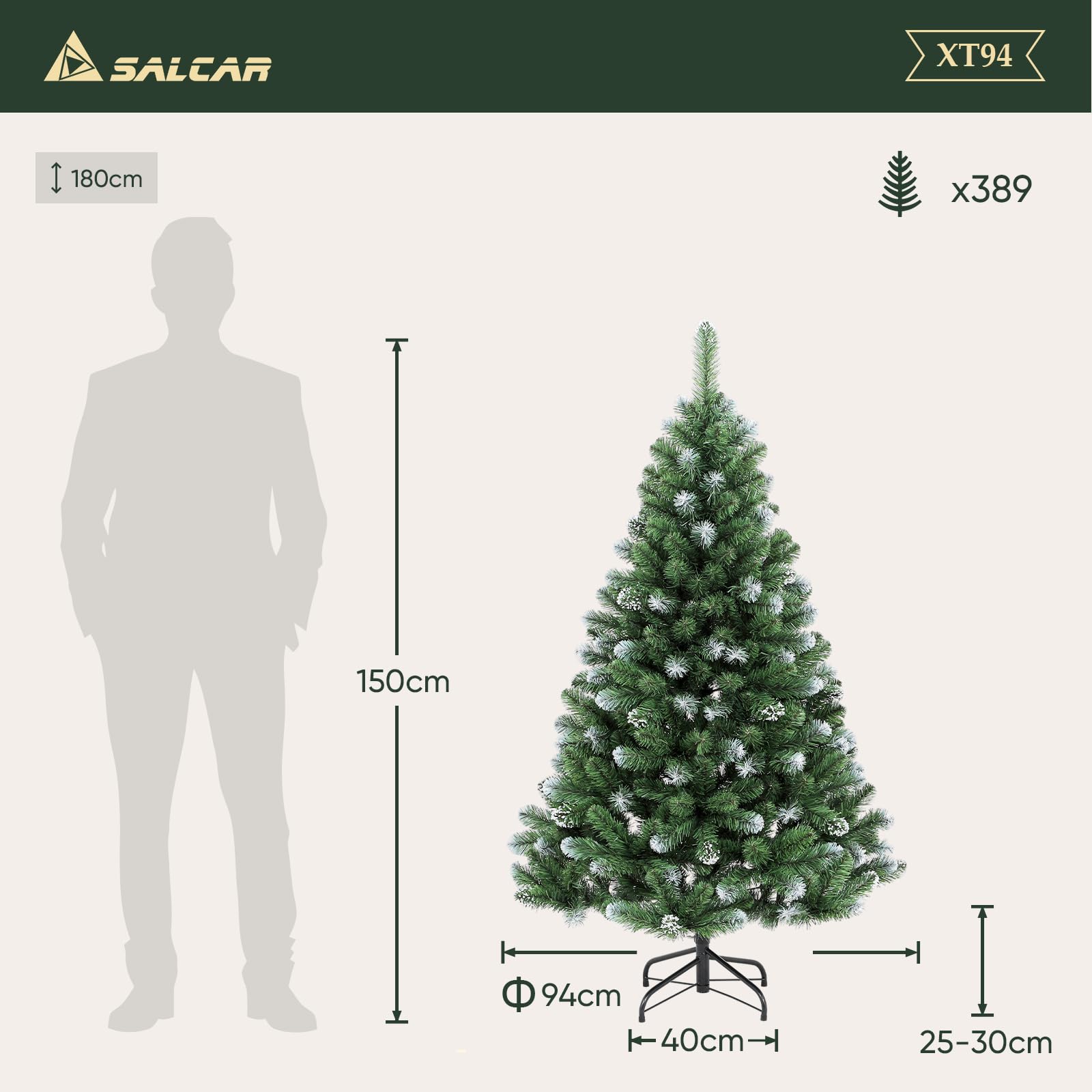 SALCAR Sapin de Noël Artificiel 150 cm, Décoration Parfaite pour Salon, Bureau et Entrée, Neige et Tronc en Métal