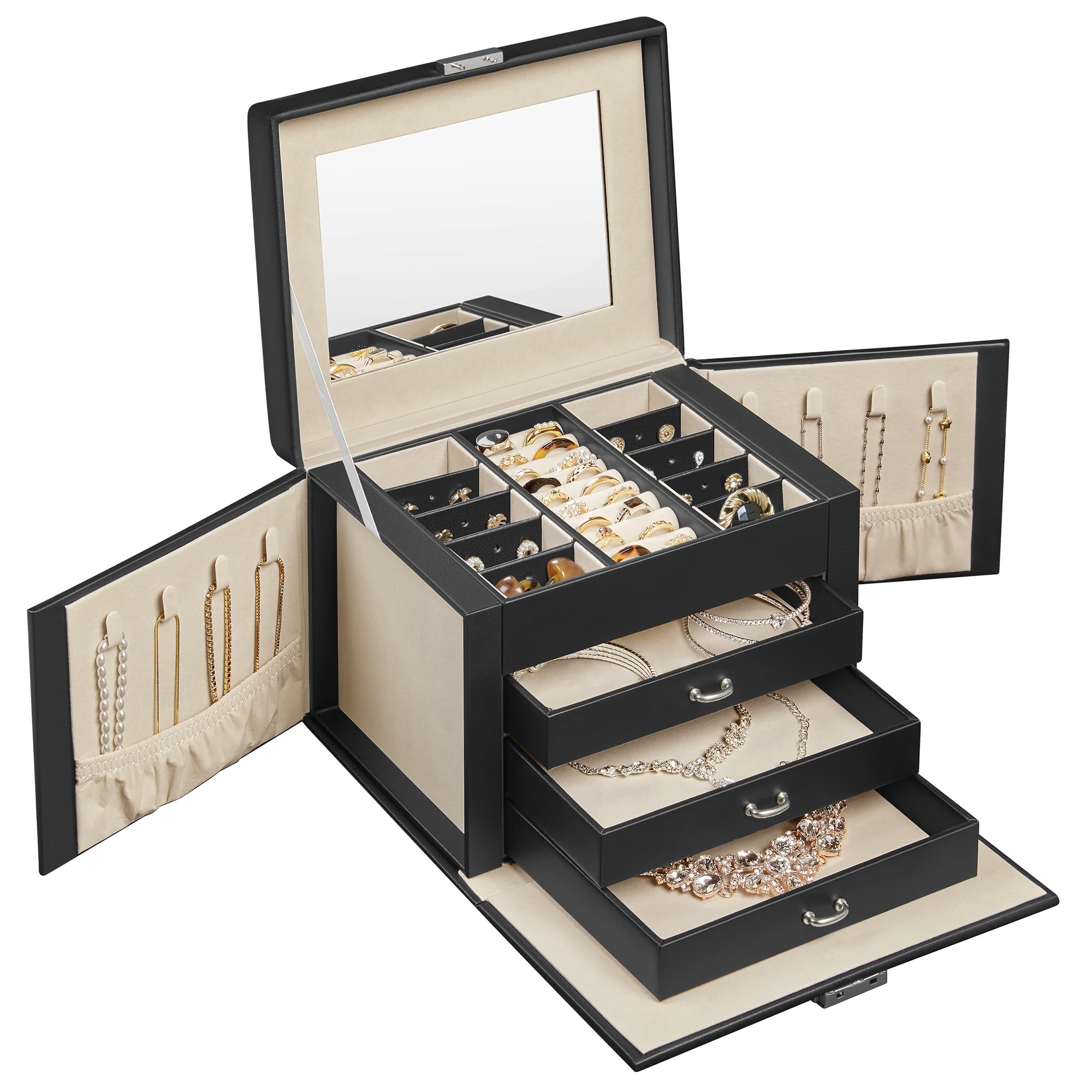 SONGMICS Boîte à Bijoux 4 Niveaux, Écrin à Accessoires avec 3 Tiroirs, Coffre de Rangement, Poignées, Miroir Intérieur, Verrouillable, Rangement pour Bijoux, pour Montres, Noir d'Encre JBC159B01