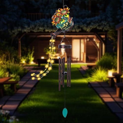 Miniatura 2 de MUMTOP Campanillas de viento solares para exteriores, regadera solar, campanillas de viento únicas para exteriores con cadena de luz cálida,