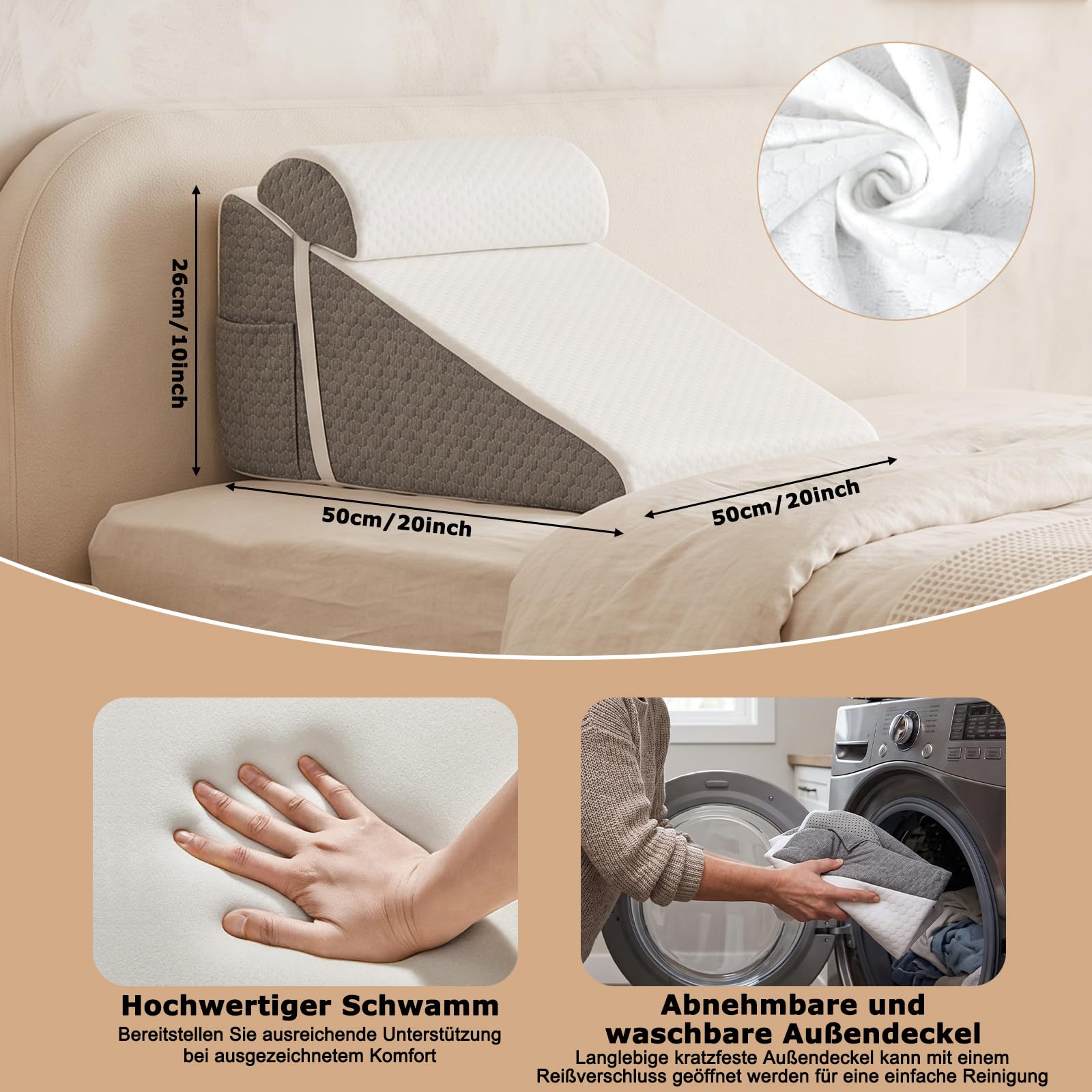 Keilkissen für Bett und Sofa, Schaum Reflux Kissen, Orthopädisches Schlafapnoe Kissen, Dreieckiges Kissen, für Schnarchen, Rückenschmerzen Linderung, Beinhochlagerung, Erholung nach Operationen, Lesen