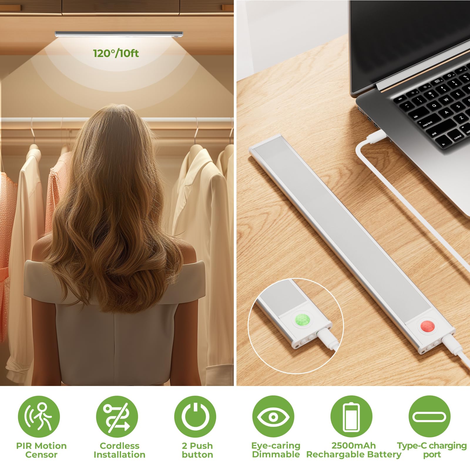 Unterschrankleuchten, 30,5 cm, 90 LEDs, USB-C 2500 mAh, wiederaufladbarer Akku, 3 Farbtemperaturen, dimmbar, Bewegungsmelder, kabellos, für Kleiderschrank, Küche, Treppen (2 Stück, 3 CCT)
