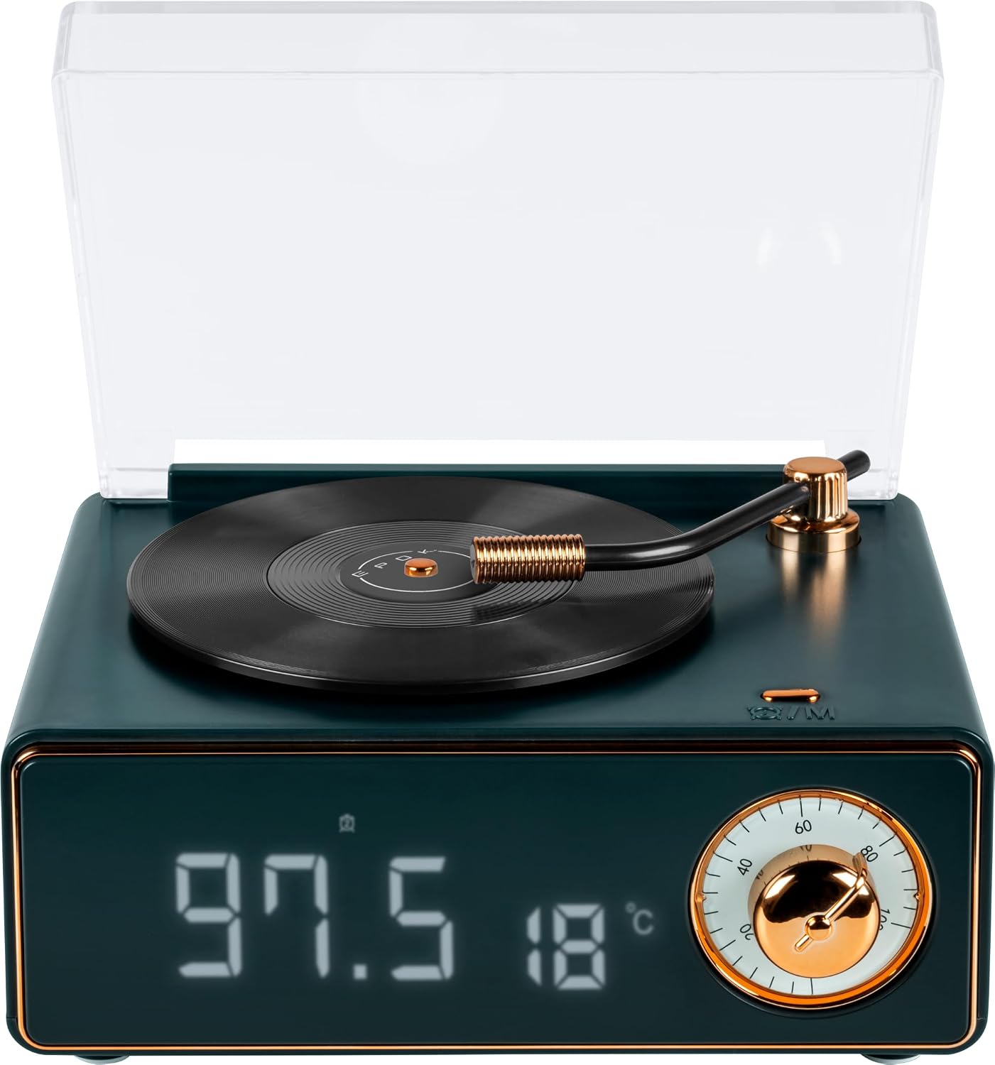 Front view of Big Ben BTTDMINIDG Bluetooth Speaker Alarm Clock, showing the digital display with time and temperature, and a volume knob on the right.