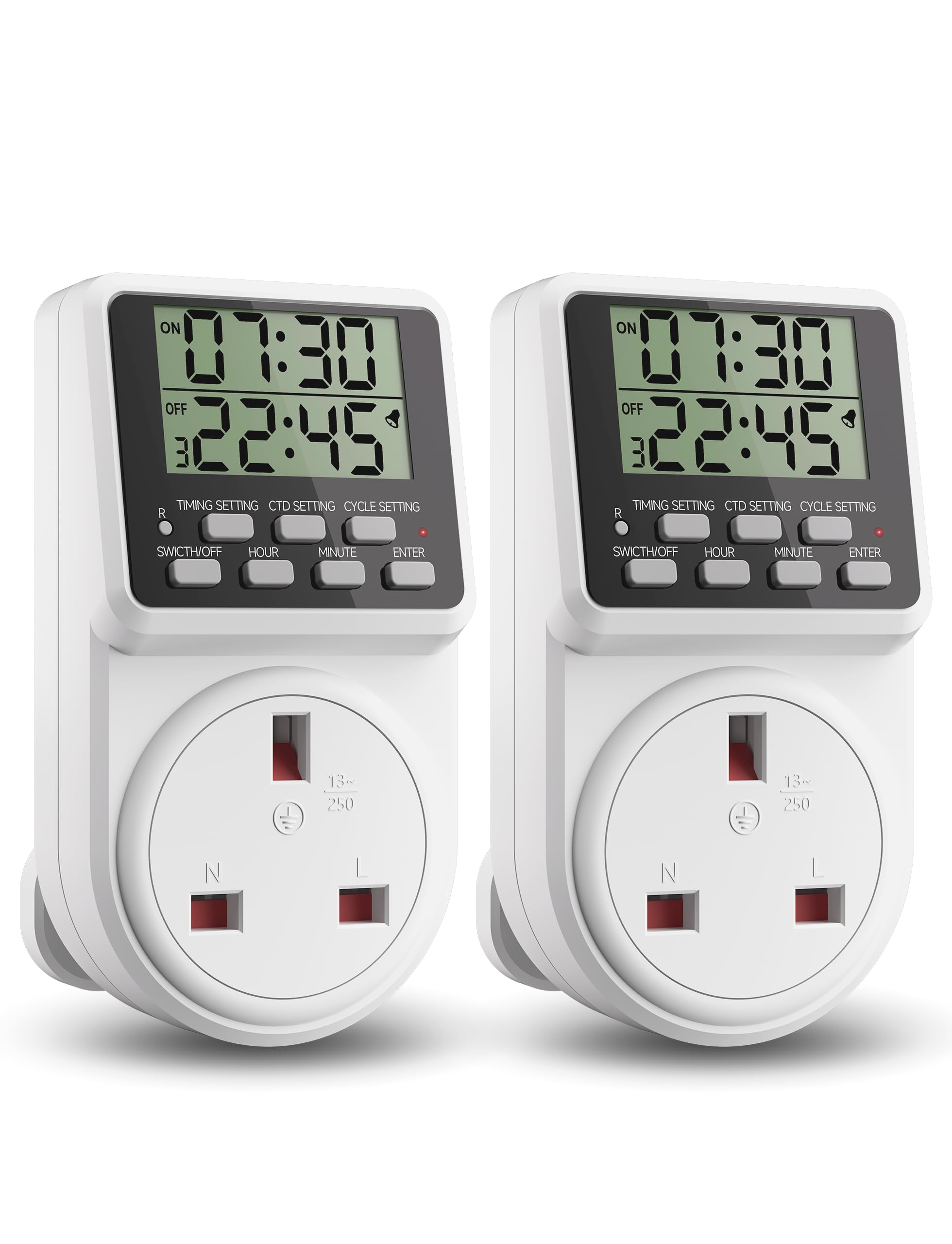 24 Hour Digital Electric Timer Plug Socket UK with On-Off Repeat Cycle Timer, Daily Program and Countdown for Lights and Home Appliances, 13A / 240V (2 Products in One Packing Box)