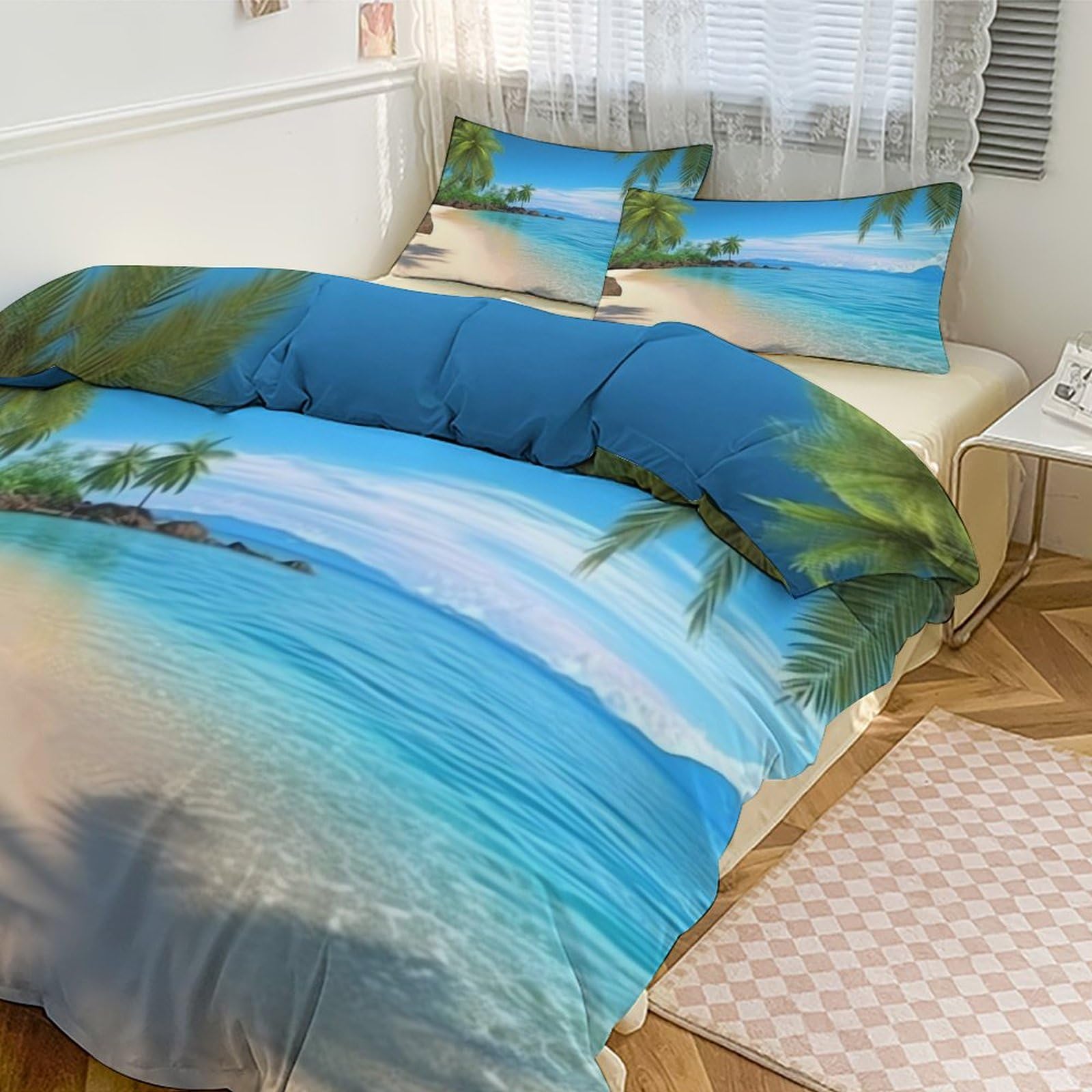 Parure de lit réversible anti-plis en microfibre douce motif plage exotique