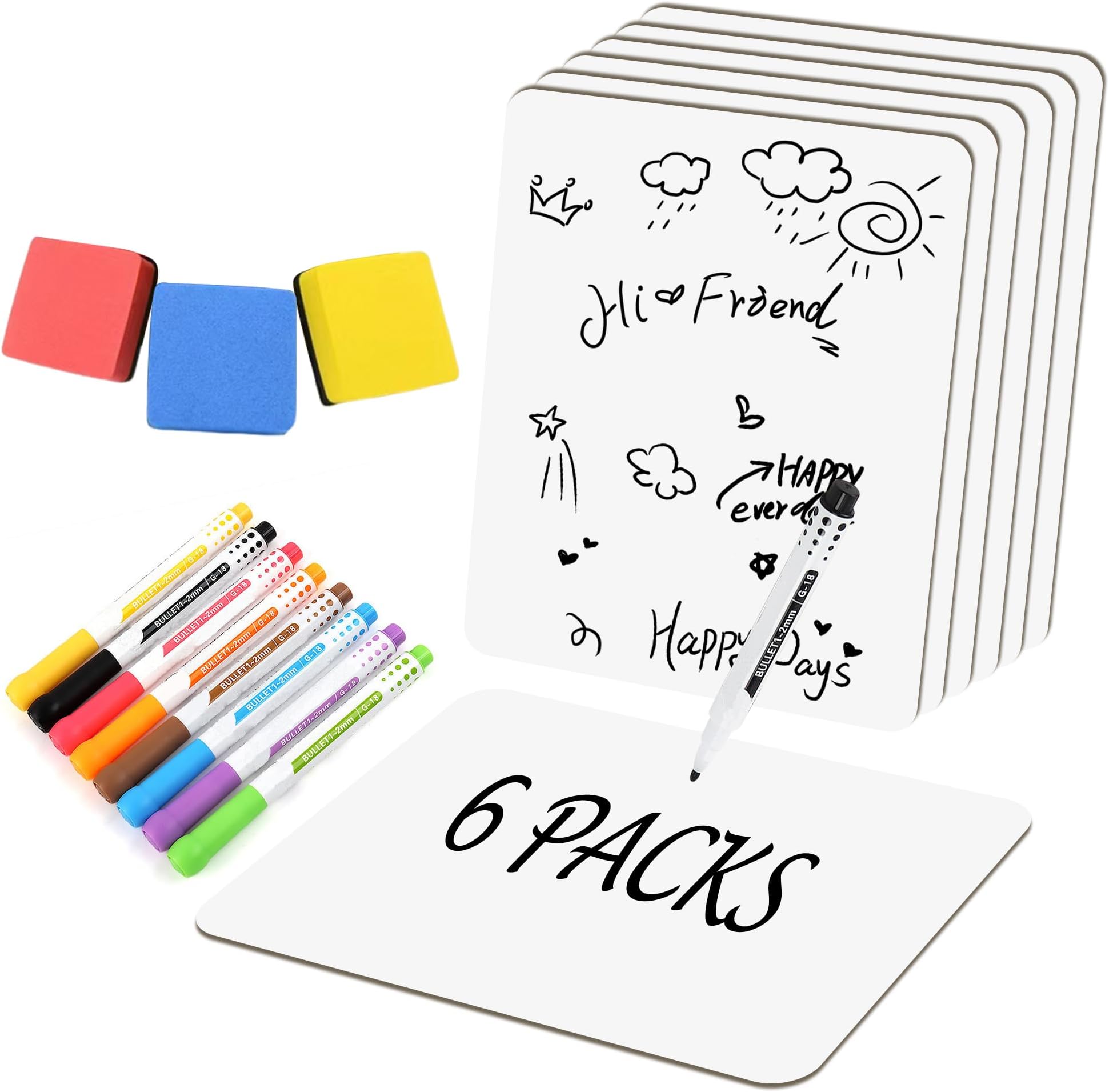 6 Pack Small White Board Dry Erase Classroom Pack Boards 9" x12” Personal Whiteboards for Teachers Lapboards Mini Whiteboard Erasers Included Colors pens