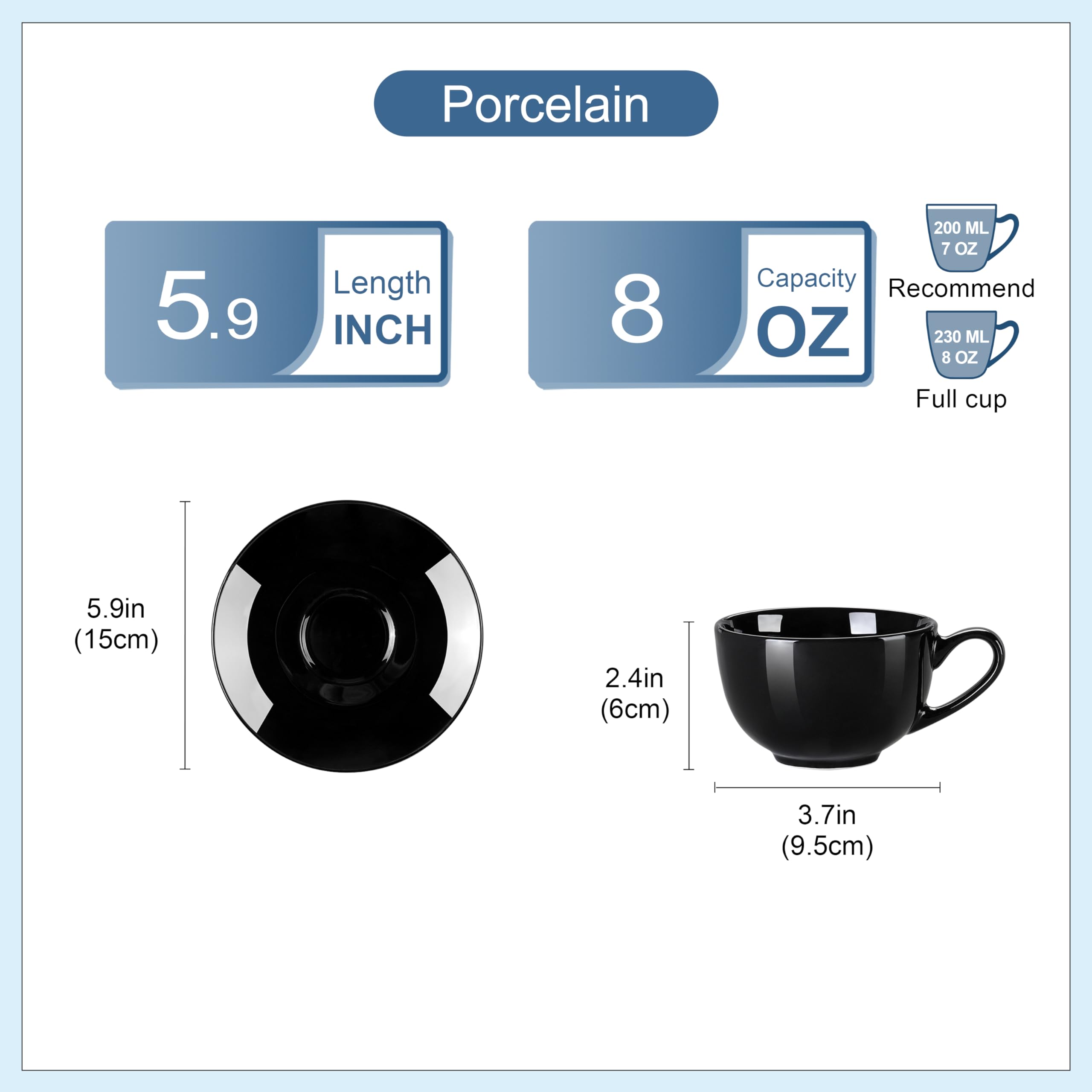 Lovecasa, serie dulce, té de porcelana para 6 personas, taza de capuchino, 230 ml + platillo
