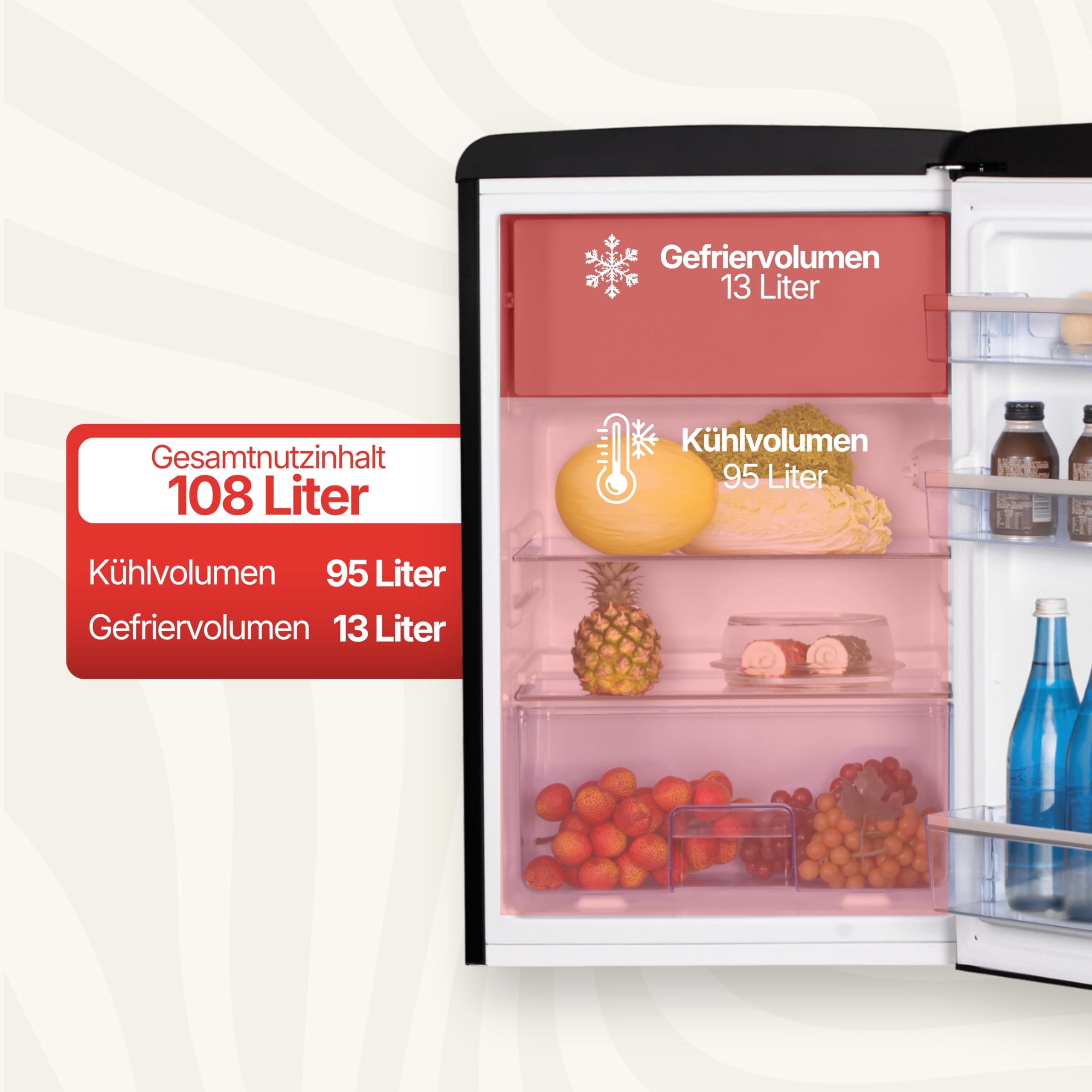Amica Retro Kühl-Gefrierkombination 108 L 87,5 x 55 x 61,5 cm KS 15617 MS | 96 L Kühlteil 13 L Gefrierfach, LED Beleuchtung, Automatische Abtauung, Gemüseschublade, Leiser Betrieb, SafetyGlass Ablagen