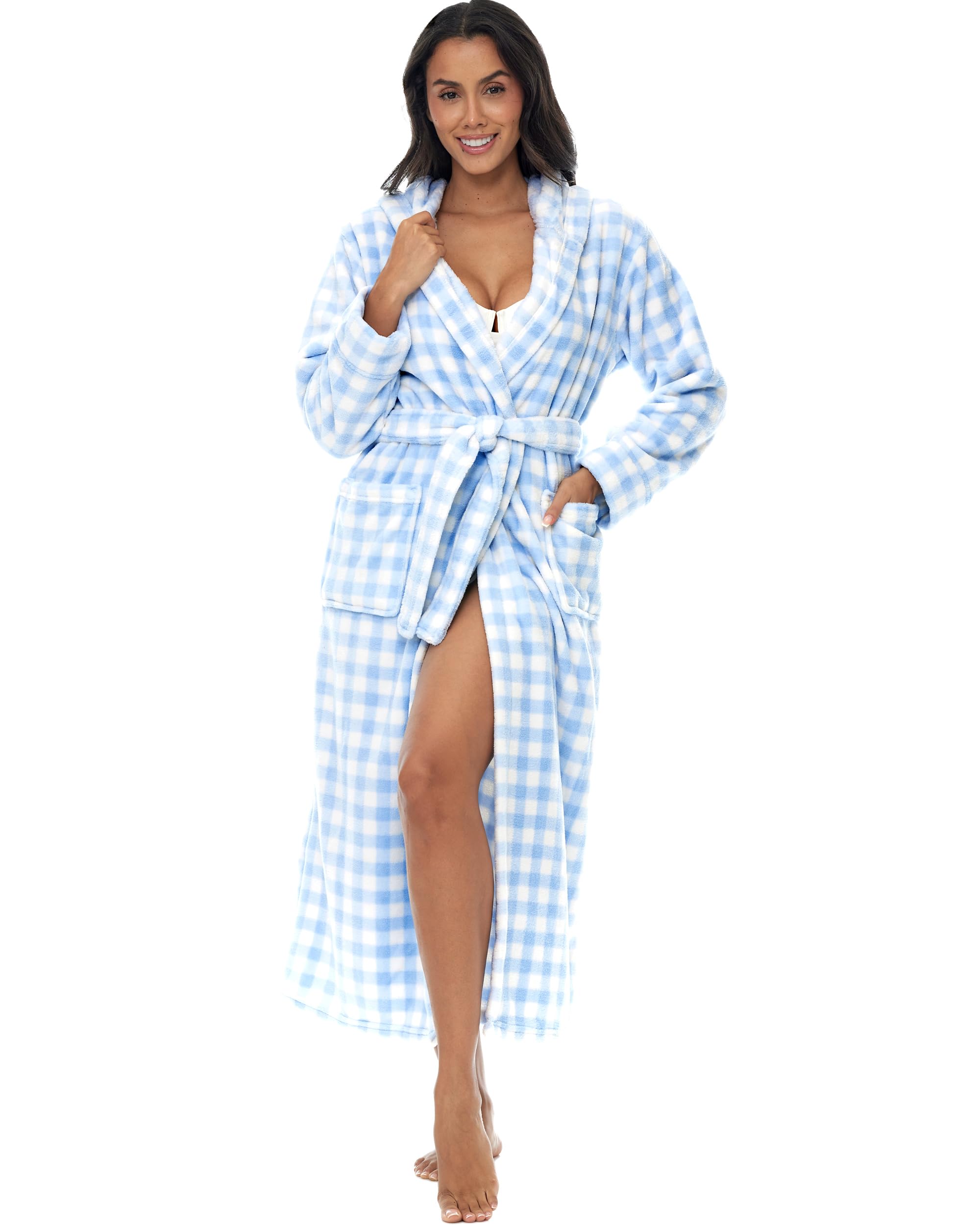 Alexander Del Rossa Plush Fleece Robe for Women, Long Hooded Bathrobe with Hood, Plus Size