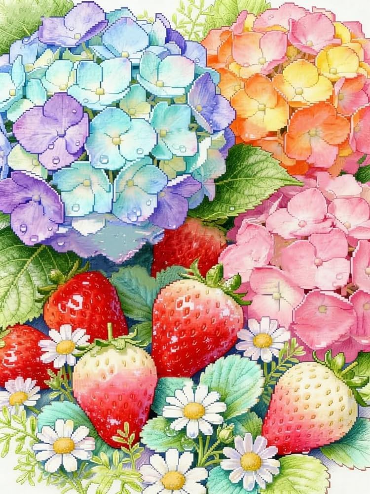 Renqidian Pre Printed Cross Stitch Kits Strawberries and Hydrangeas 11CT Stamped Embroidery Kit DIY Needlework Art for Adults Beginners Home Decor（40x50 cm）