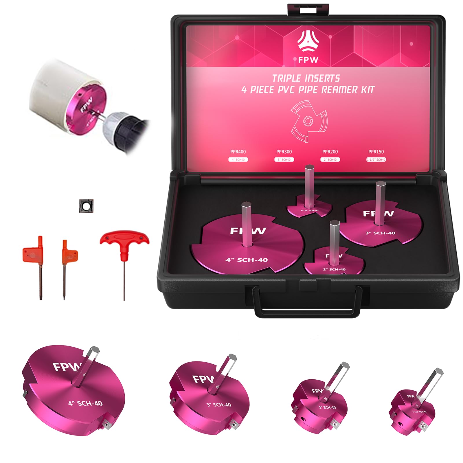 Original Design Patent Triple Inserts 4 Pcs PVC Pipe Reamer Kit, PVC Fitting Saver, Pipe Tools Contains 1-1/2", 2", 3", 4" and 1 Replacement Carbide