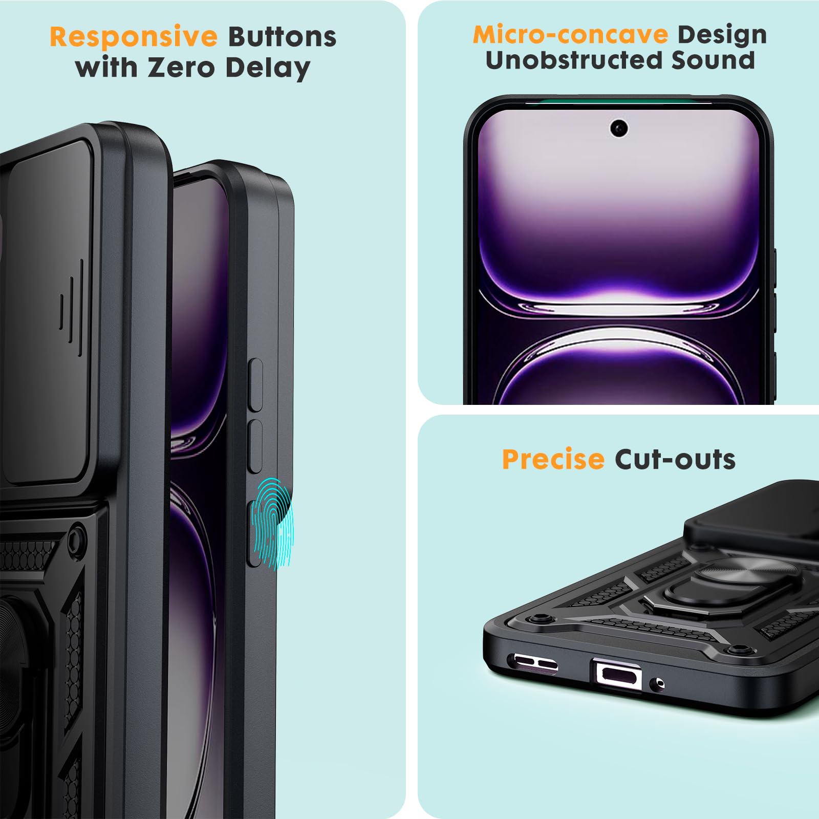 Oududianzi - Cover per Oppo Reno 12 Pro 5G Custodia,con Coperchio Scorrevole della Fotocamera, 360 ° staffa girevole e manicotto protettivo in silicone TPU - Nero