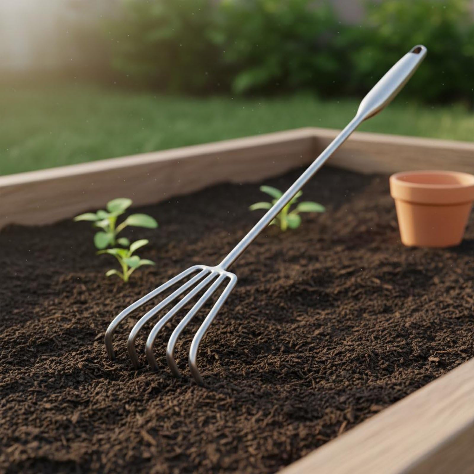 Rastrello Agricolo Rastrello da Giardino Zappa Coltivatore Sarchiatrice in Acciaio Inox Resistente Alla Ruggine Denti Affusolati per Terreni Manico , 70CM , 5 Denti