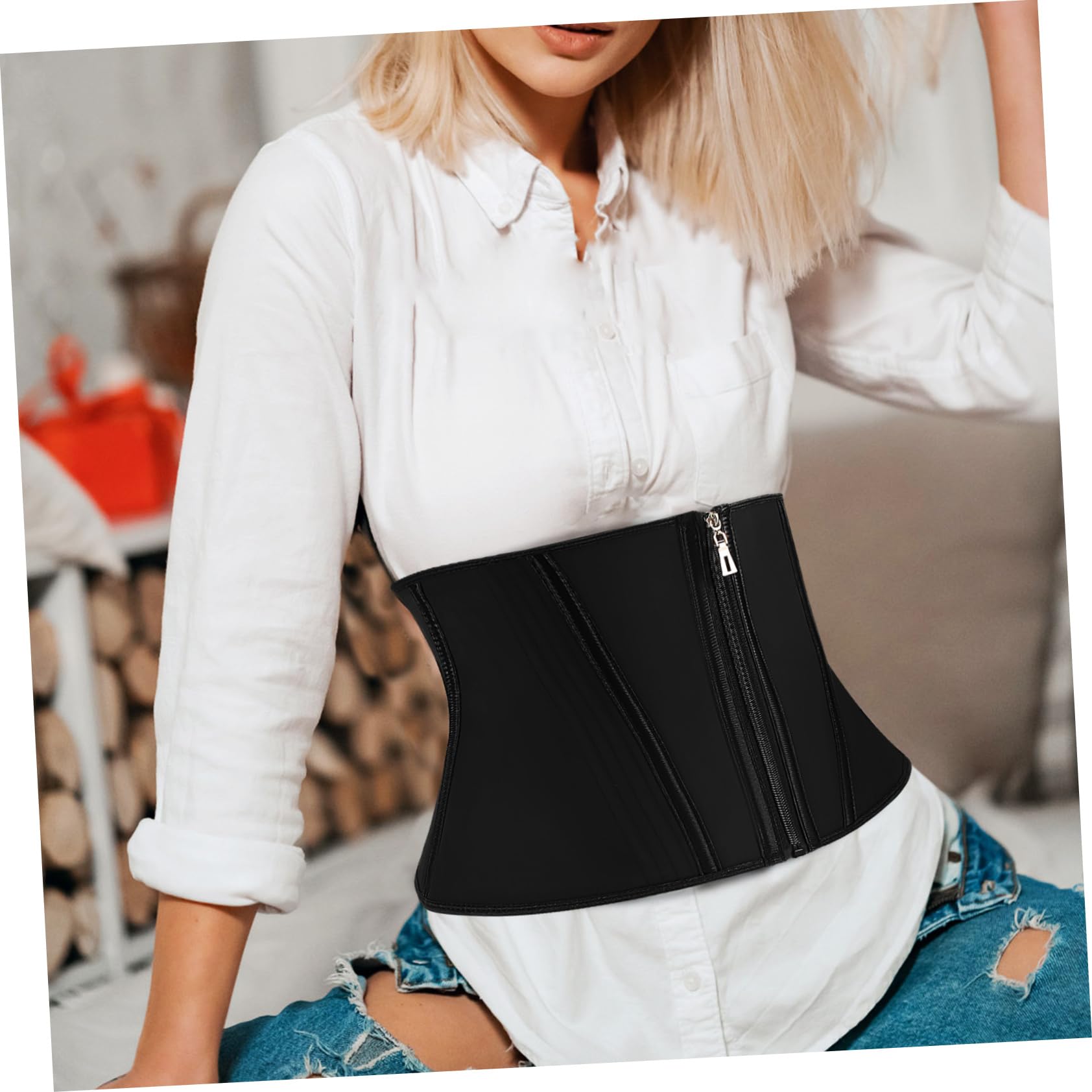 Faja Reductora de Abdomen con Cremallera, Látex Negro, Mujer