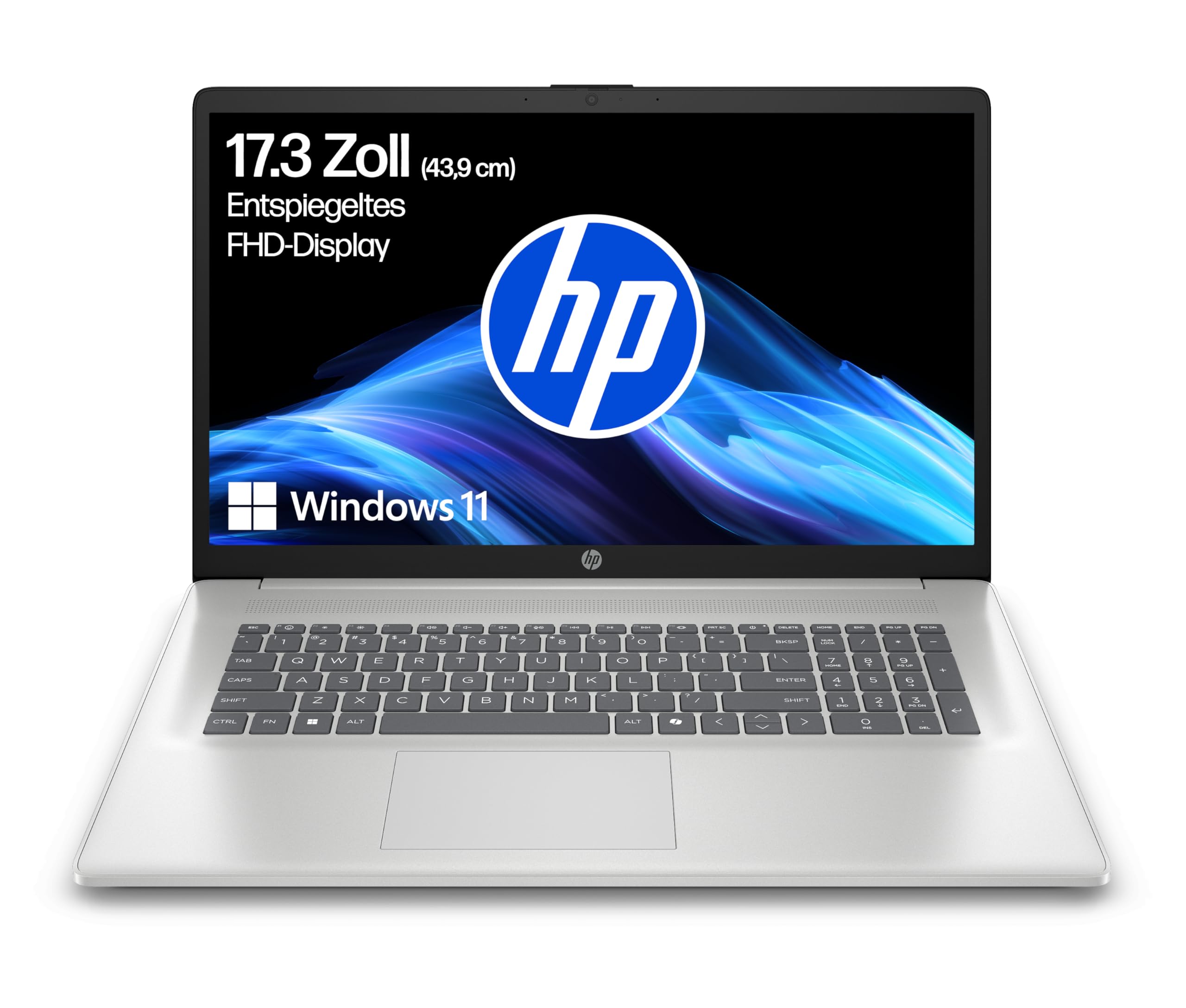 HP Laptop mit 17,3" FHD Display, Intel Core122 i5-1334U, 16 GB DDR4 RAM, 512 GB SSD, Intel Iris Grafik, Windows 11, QWERTZ, Silber inkl. 25 GB Dropbox-Speicher für 12 Monate