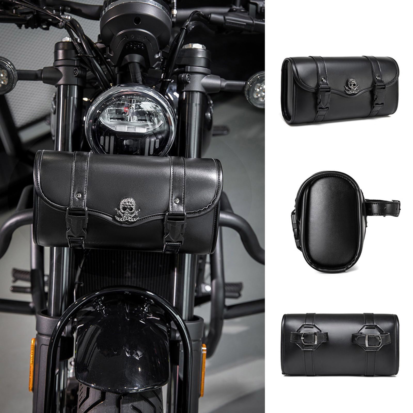 Sacoche de Moto Avant Vintage Sac à Outils Sacoche de Selle Sacoche de Fourche de Guidon Motif Crâne Sacs de Rangement en PU Sac à Outils pour Moto