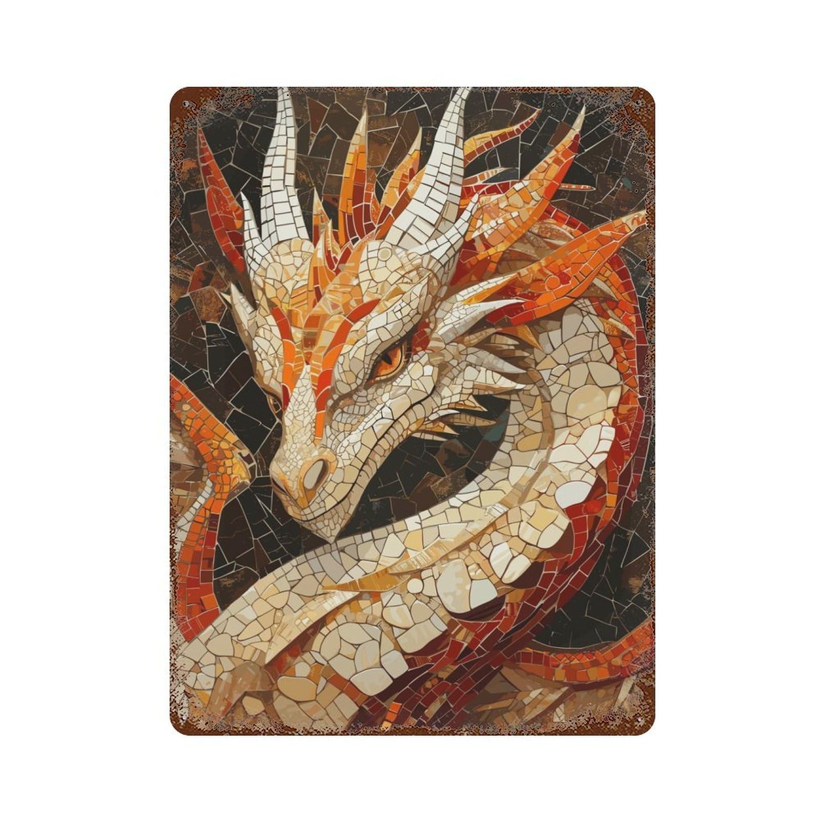 Weathered Tin Sign Mysterious Dragon Mosaic 15.7"x11.8", Rustic Home Decor for Basement, Hobby Room And Garage Decor
