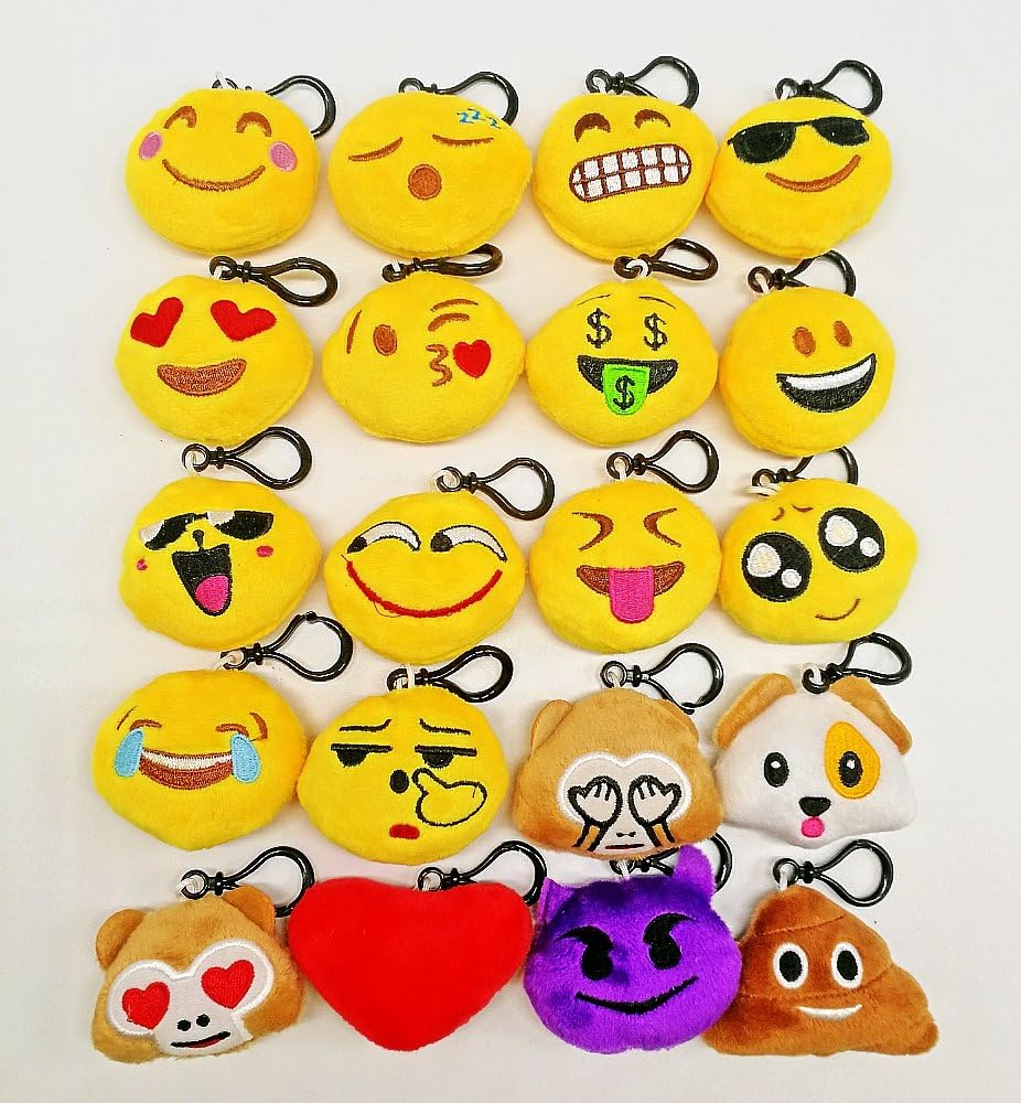CHSYOO Key Chain, 20 pieces Mini Emoji Plush Pillow Style Bag pendant, party favor, Bright Colors, for Birthday or Children's Party, 5.5cm Diameter