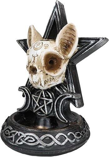 Ebros Gift Calavera de gato Ouija oculta paranormal con triple luna y pentagrama geometría sagrada cono, soporte para quemador de incienso con humo