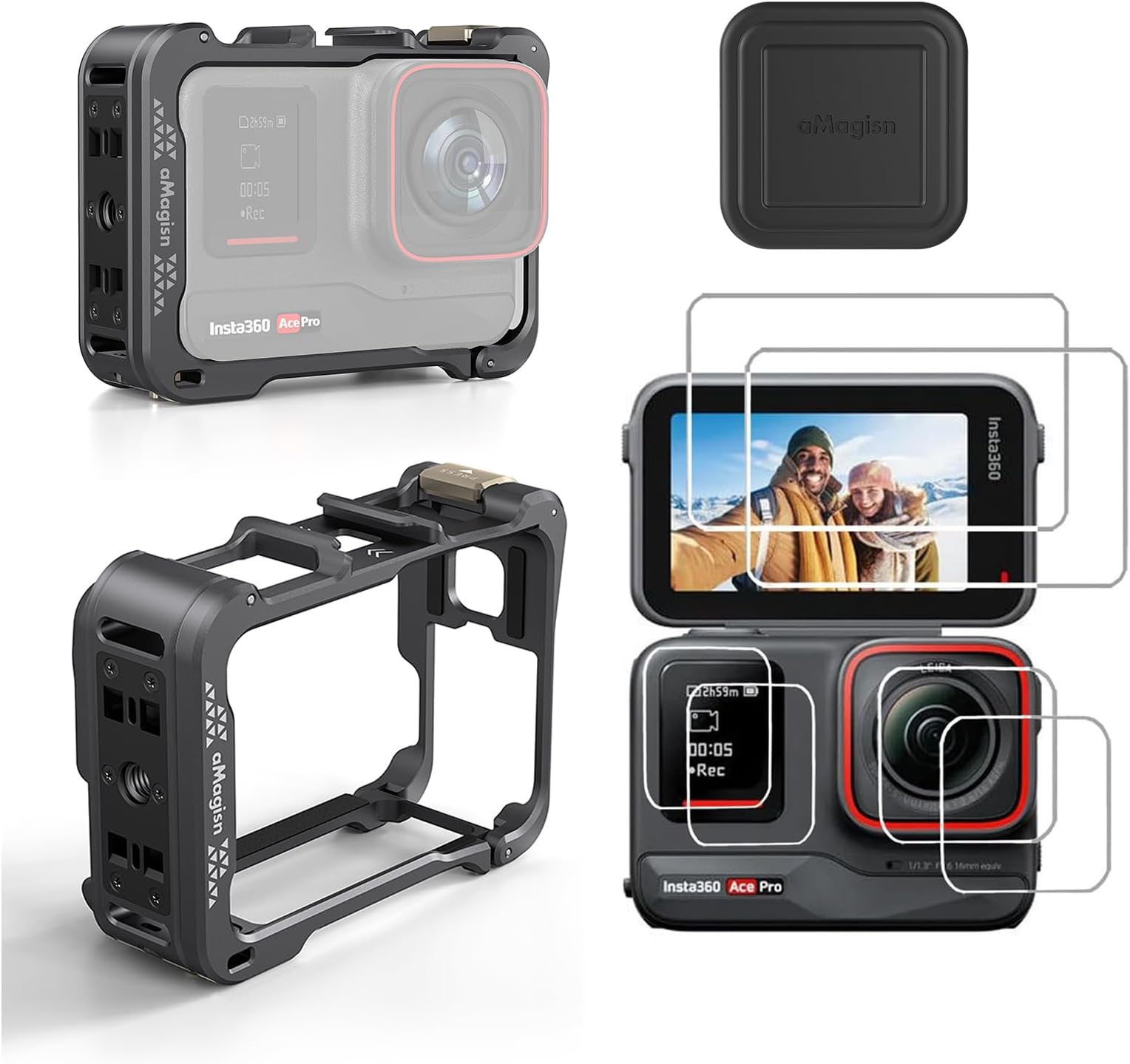 Ace Pro Aluminum Metal Frame Cage Case Bag with Silicone Lens Cap Screen Protector Compatible with Insta360 Ace Pro Camera Accessories Kit