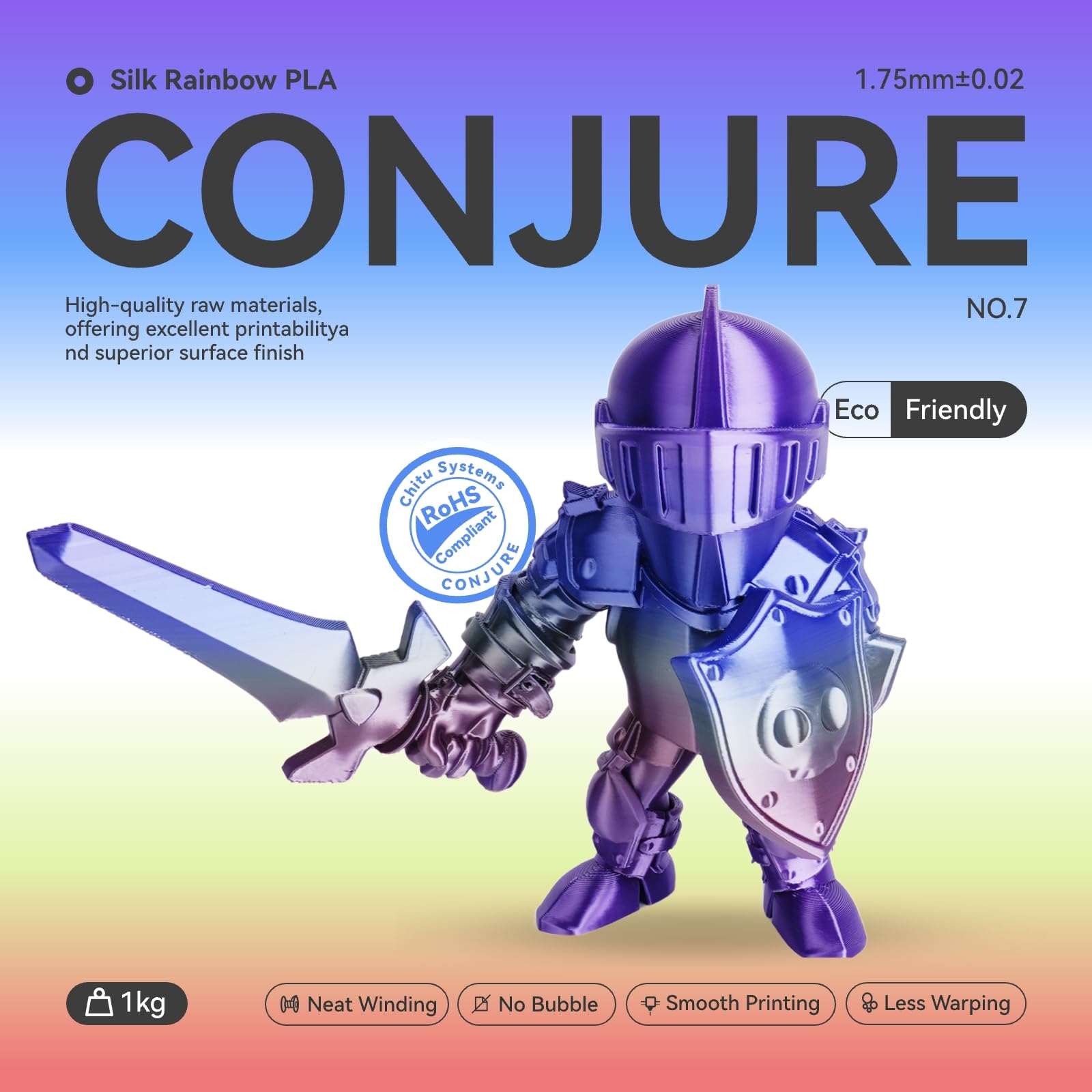 Filamento per stampante 3D Conjure Silk Rainbow PLA, filamento cosmico multicolore di PLA rosa blu verde rosso da 1,75 mm per stampa 3D 2KG/4,4LB
