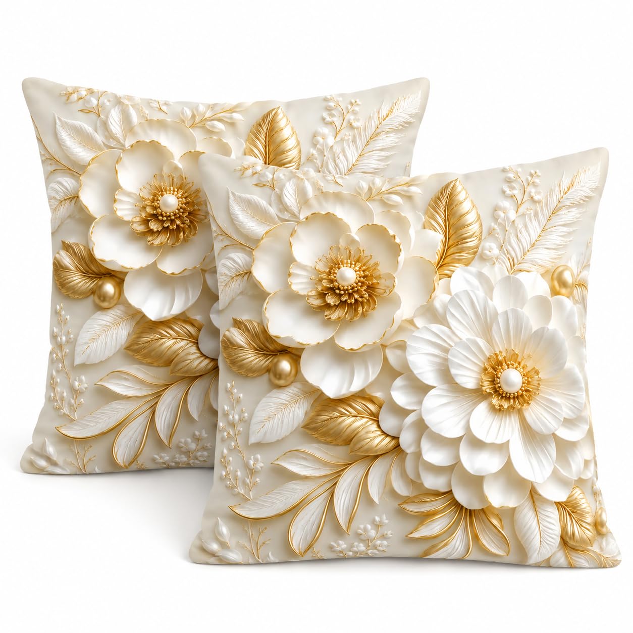 Gemdoit White Gold Floral Cushion Covers 45x45cm Pack of 2, Elegant 3D Effect Flower Print Decorative Throw Pillow Covers, Square Sofa Cushion Covers for Living Room Bedroom Home Decor, 18x18 Inch