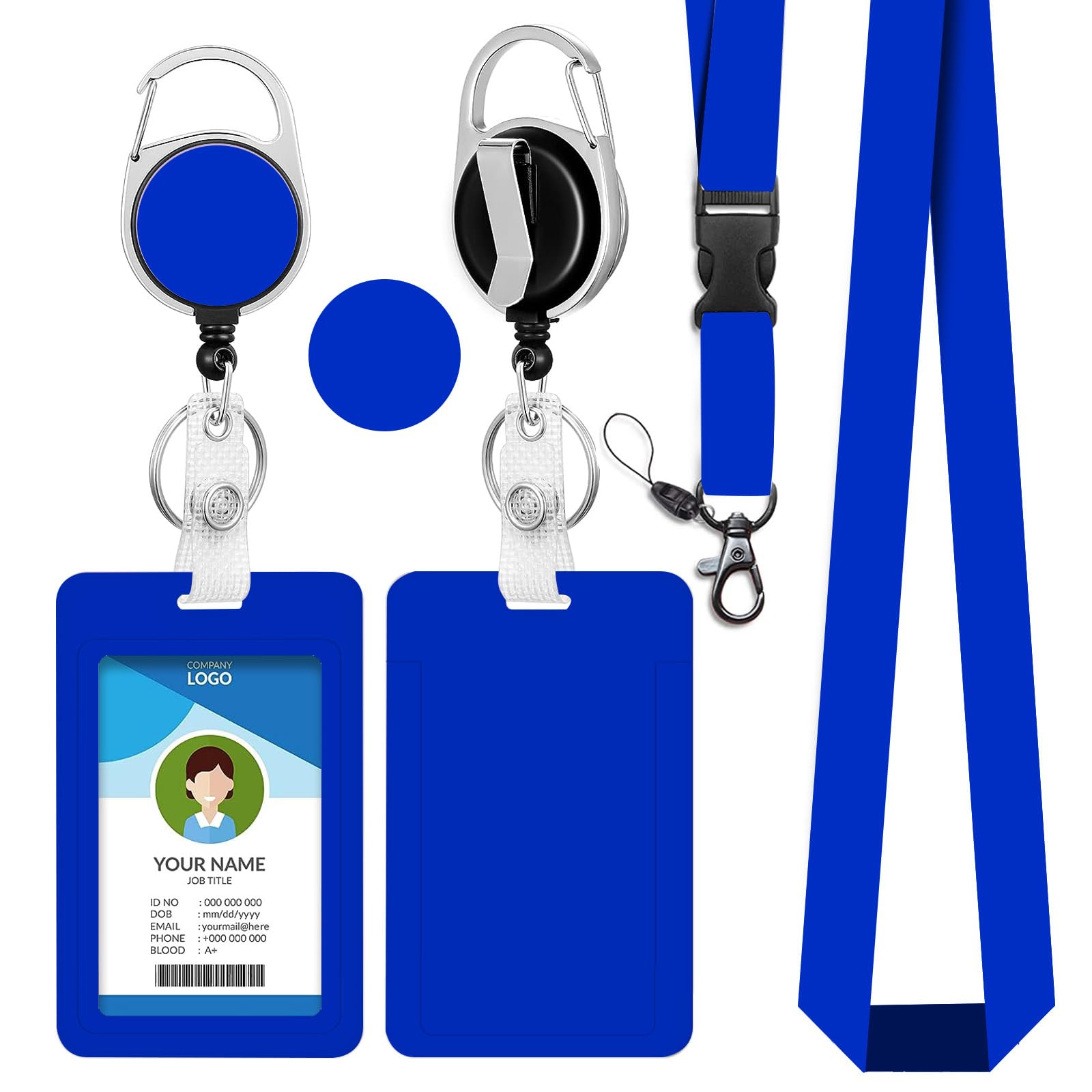 bolimoss Dark Blue Sliding Card Holder with Retractable Badge Reel Carabiner Clip & Detachable Lanyard Strap Cute Vertical ID Card Protector for Women Men Kids Nurse Teacher Student Office — image 1