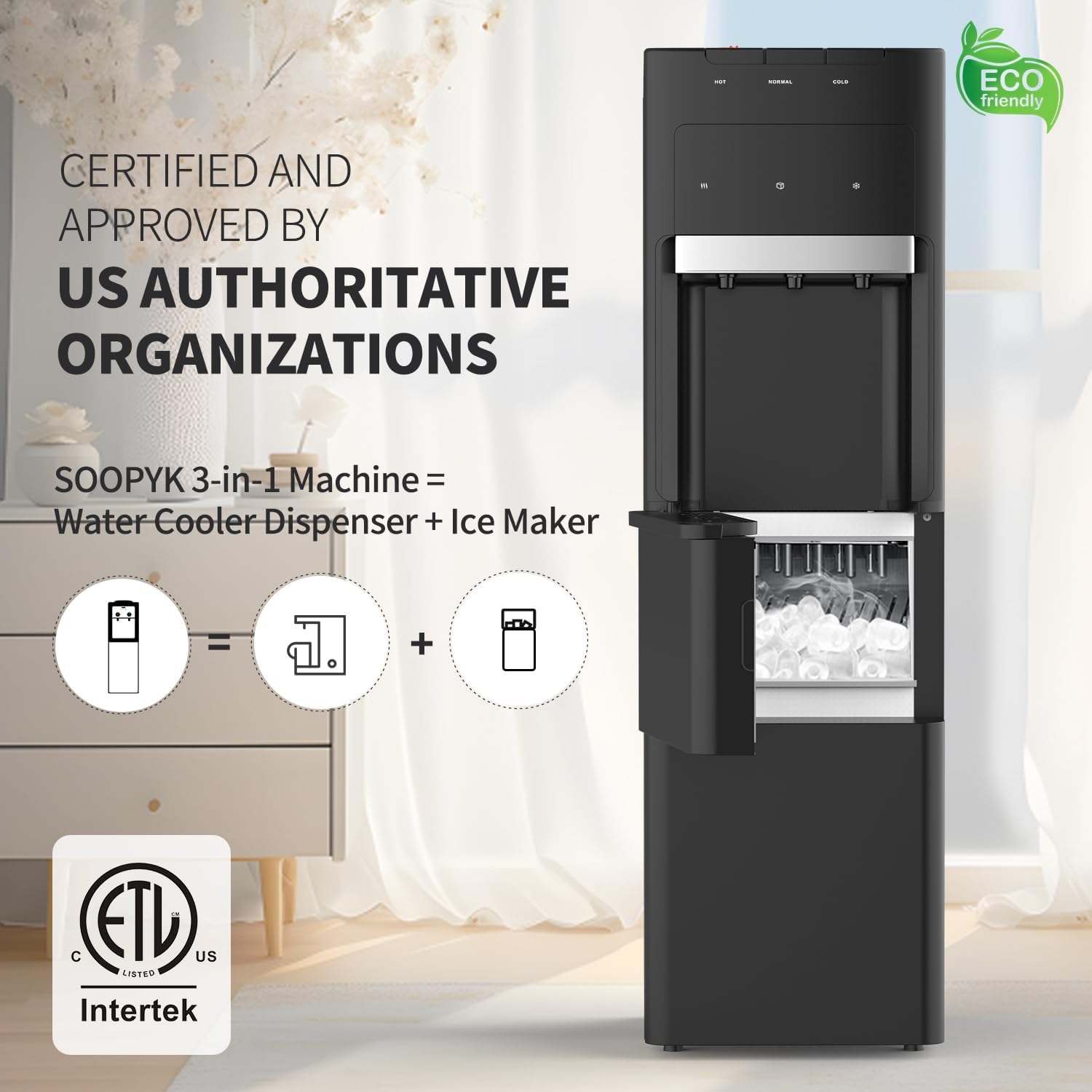 Bottleless Water Cooler Dispenser with Ice Maker 3 Temperature Settings 27 lbs in 24 hrs Black (NO Filters)