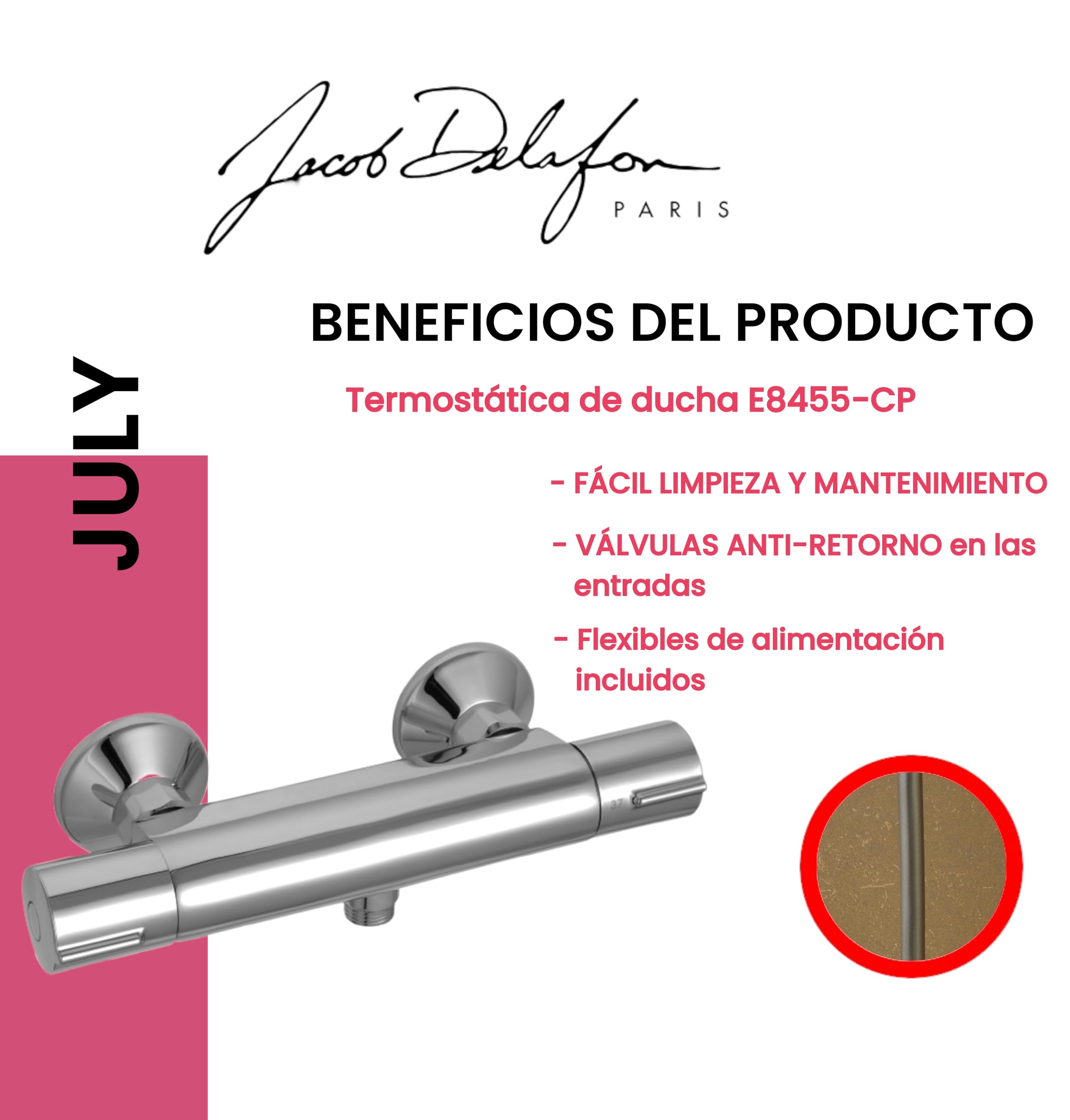 JACOB DELAFON Grifo termostático de ducha Instalación mural Seguridad 37°C Sistema ahorro de Agua Material Latón Cromado Color Cromo Accesorios incluidos JULY E8455-CP