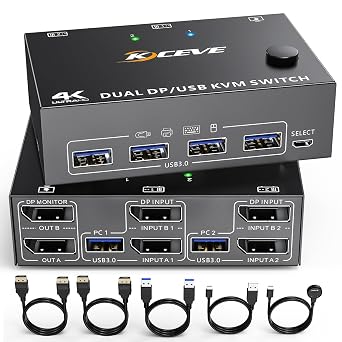 DP KVM Switch Two Monitors KCEVE 2 Computer 2 Monitors Displayport USB 3.0 KVM Switch Supports 4 K@60Hz for 2 Computers that Share Keyboard Mouse and Monitor