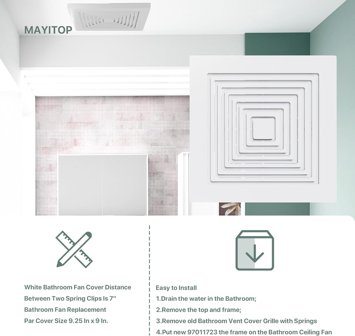 MAYITOP Bathroom Vent Cover BP46 BP90 Replacement Bathroom Ceiling Fan Grille Cover For Br-oan Nut-one Exhaust Fan Square Ceiling Or Wall-Mount Replaces 663 670 675 688 689 671 2 pack(With Springs).